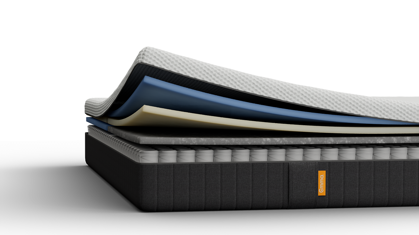 Aufgeschnittene Emma Matratze mit sichtbaren Schichten.