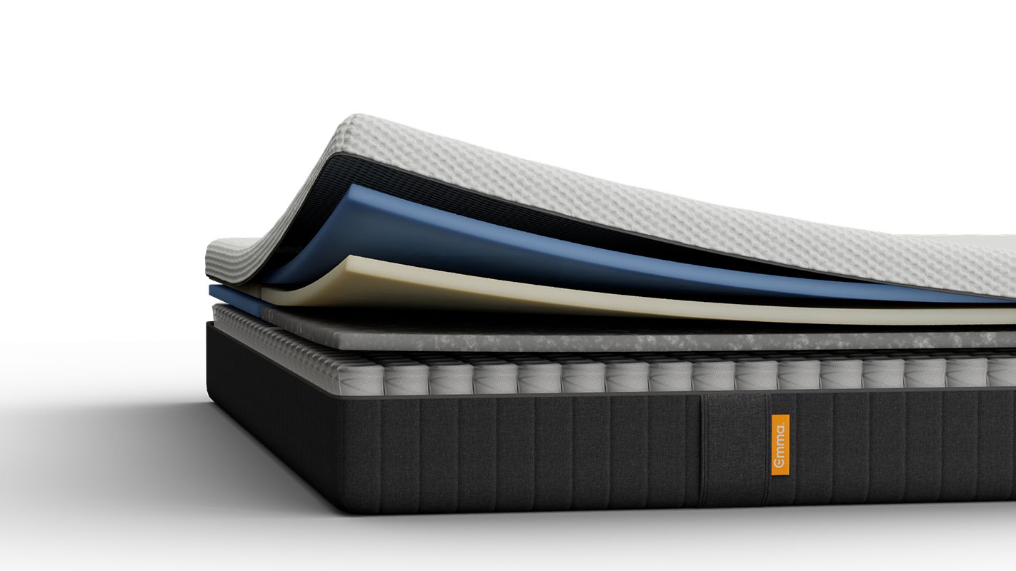 Aufgeschnittene Emma Matratze mit sichtbaren Schichten.