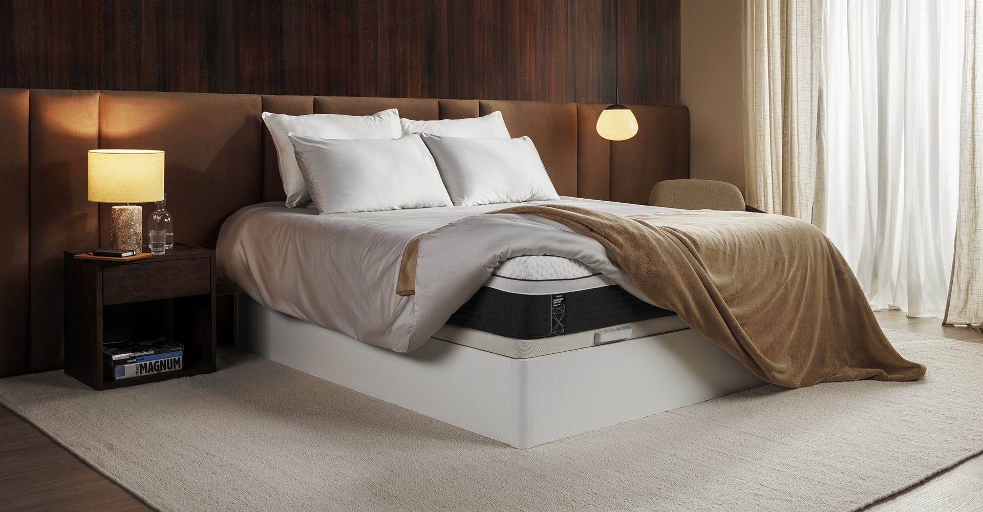 Bedroom with Emma bed, mattress and accessories.