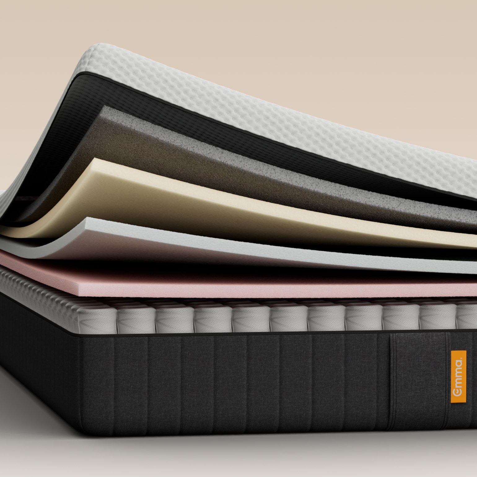 The side view of the Emma Original Pro Mattress cut open and showing the 6 layers of advanced comfort.