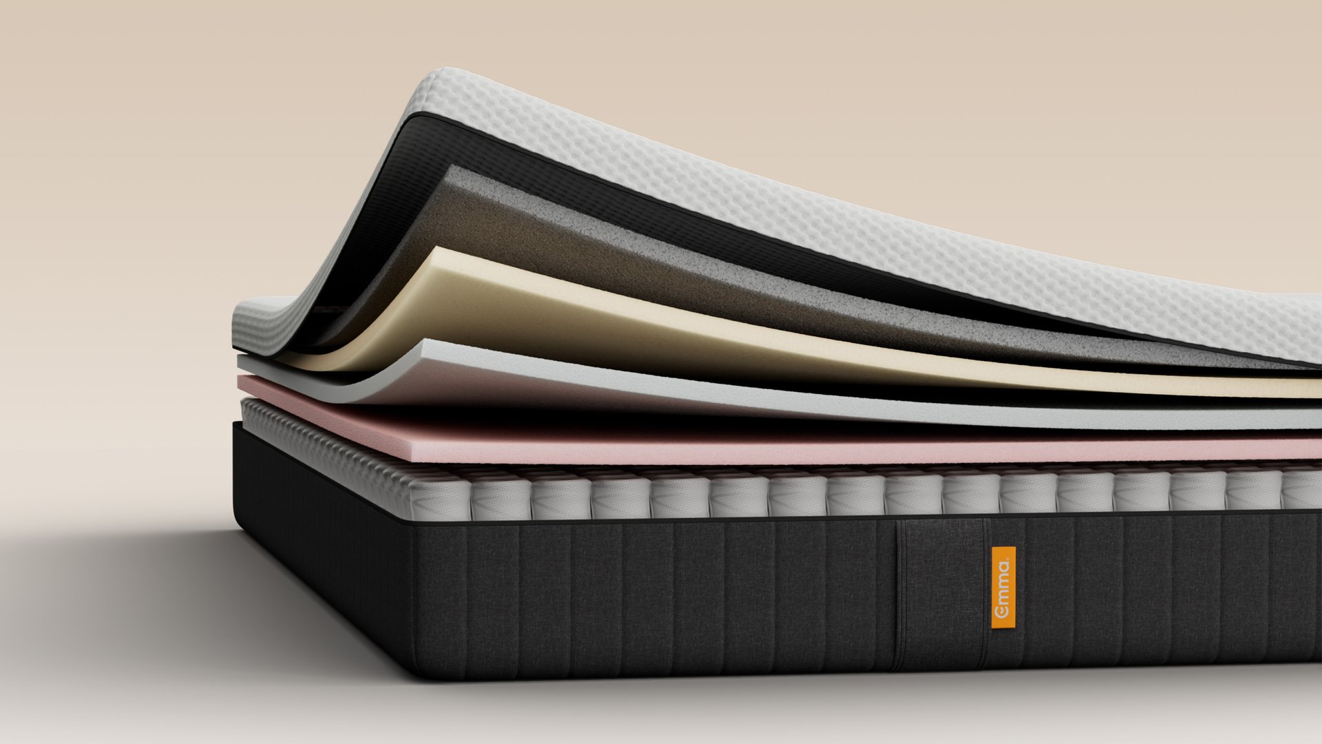 The side view of the Emma Original Pro Mattress cut open and showing the 6 layers of advanced comfort.