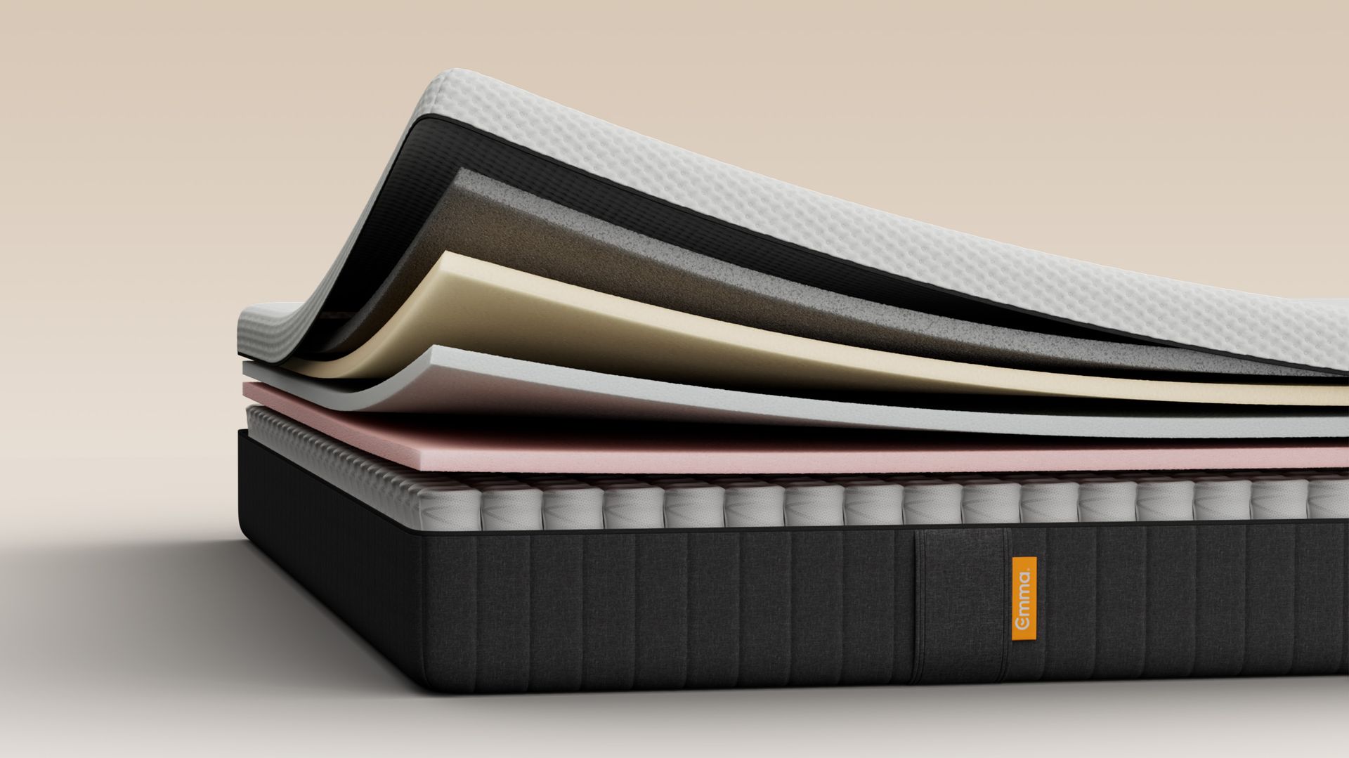 The side view of the Emma Original Pro Mattress cut open and showing the 6 layers of advanced comfort.