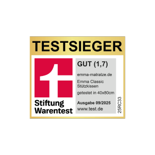 Stiftung Warentest Siegel für Emma Classic Stützkissen, Note 1,7, Größe 40x80 cm, Ausgabe 09/2025.