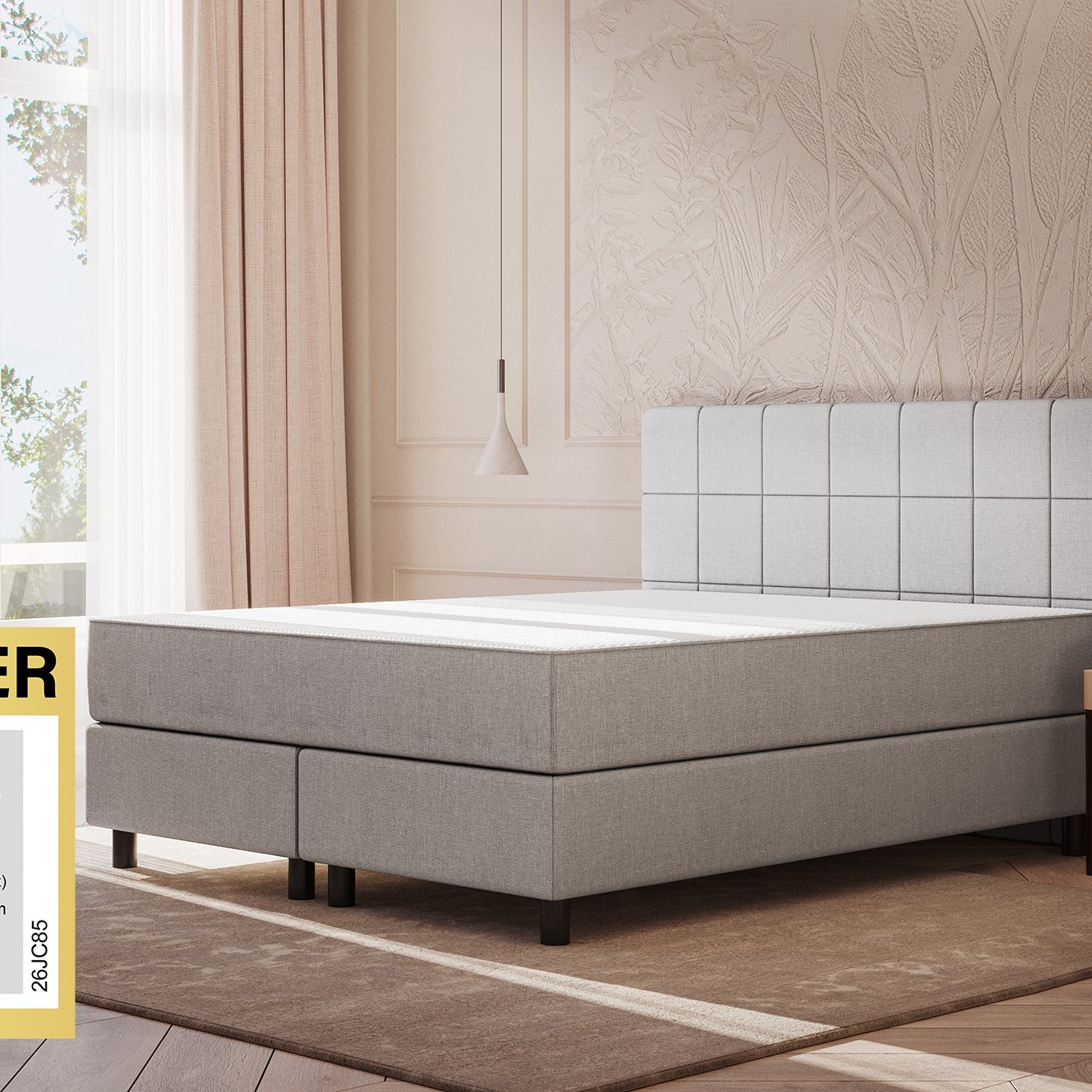 Emma Original Boxspringbett Komfort 140x200cm - hellgrau - Füße Schwarz - Kopfteil gesteppt