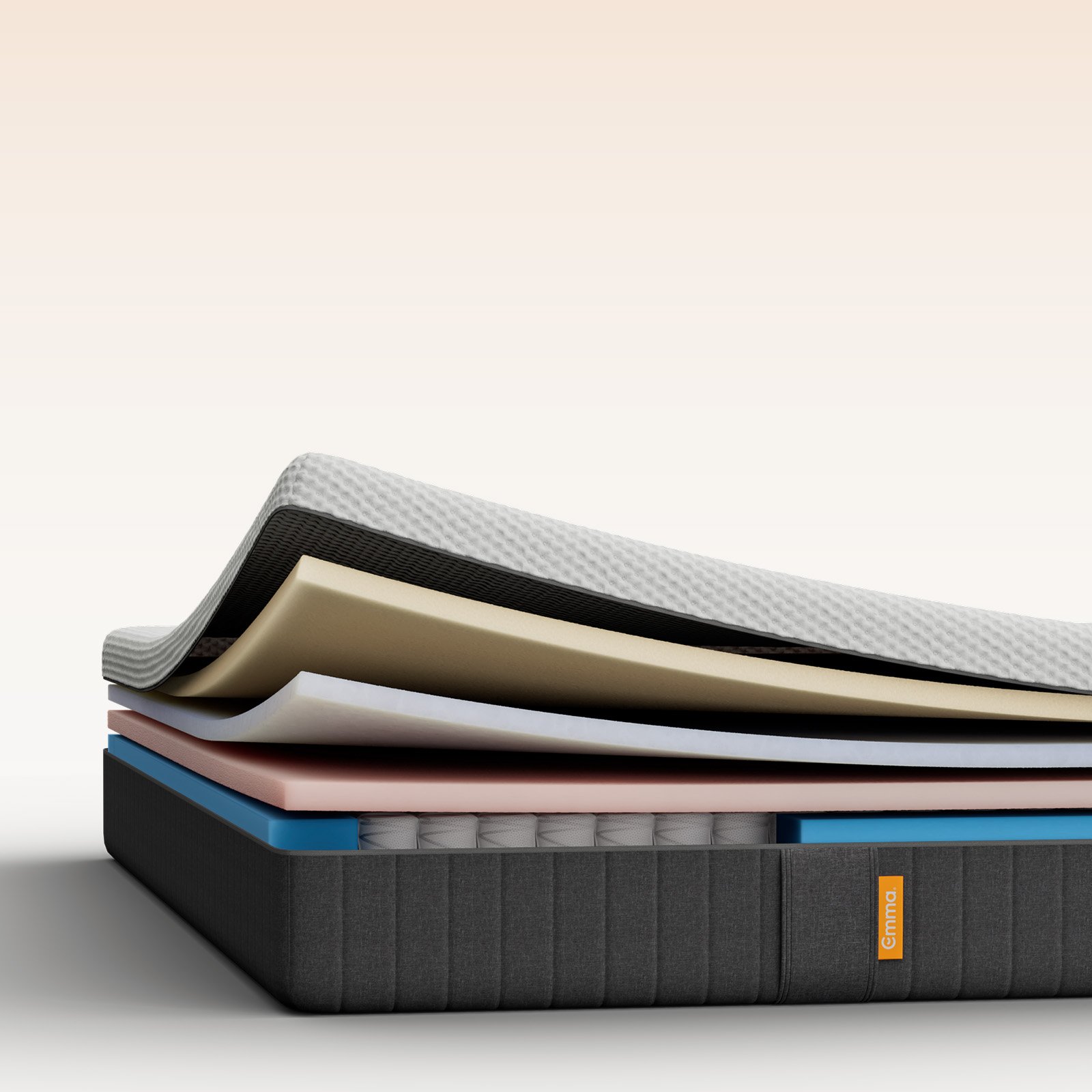 Emma Original mattress layers view showing multiple foam layers including a blue foam layer.