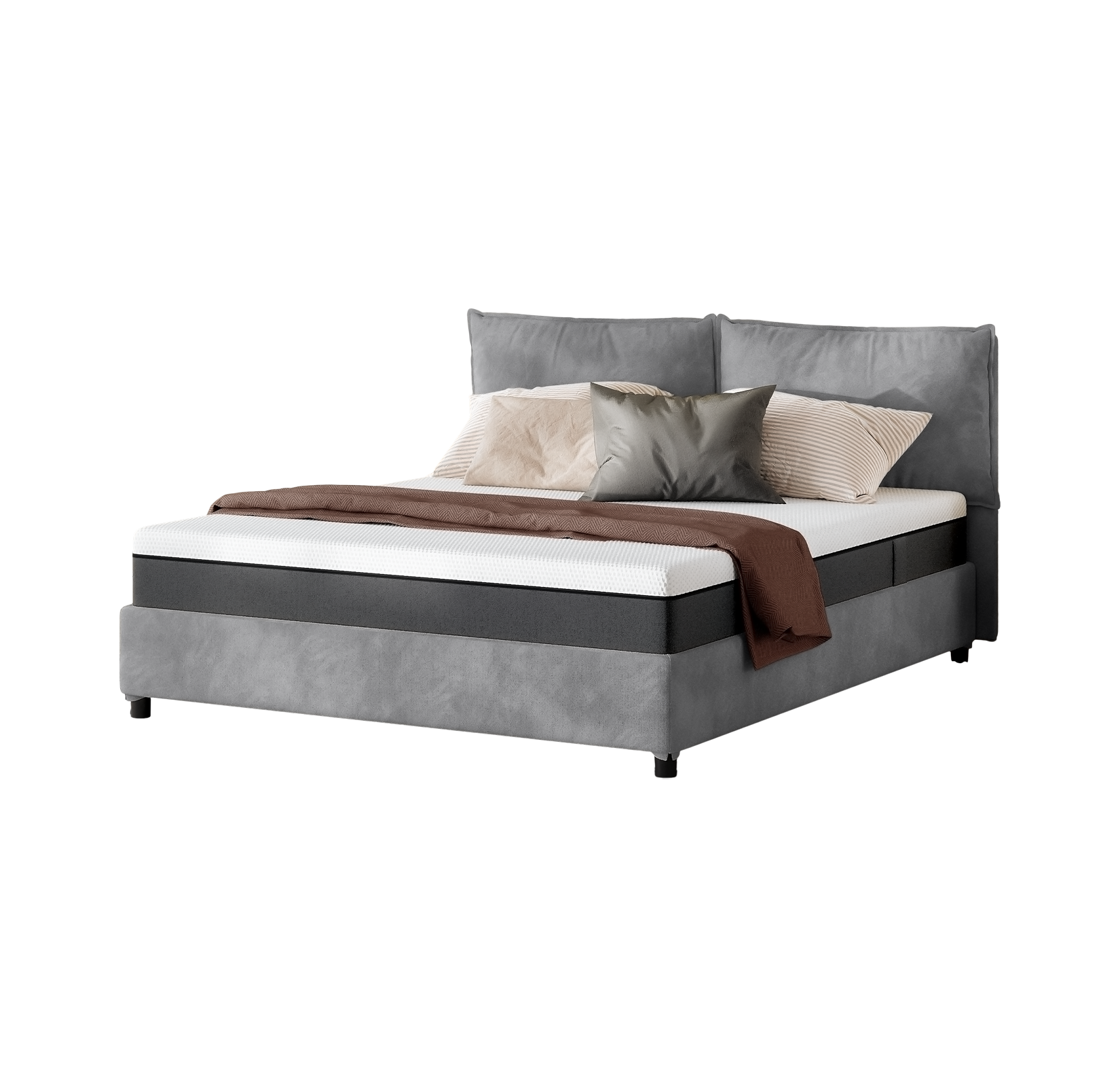 Letto moderno con testiera e base grigie, lenzuola bianche, due cuscini grandi e coperta marrone ai piedi.