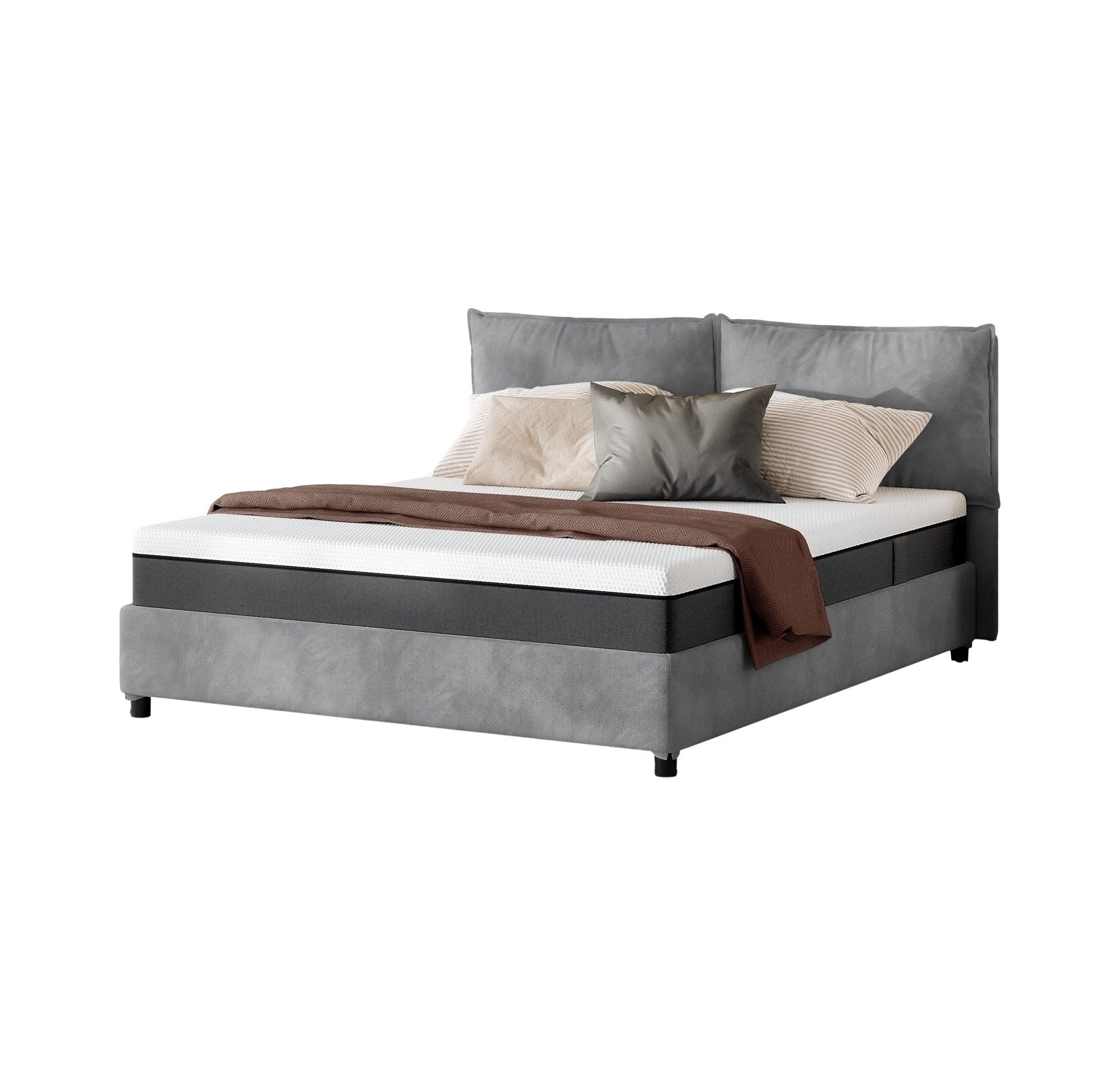 Letto moderno con testiera e base grigie, lenzuola bianche, due cuscini grandi e coperta marrone ai piedi.