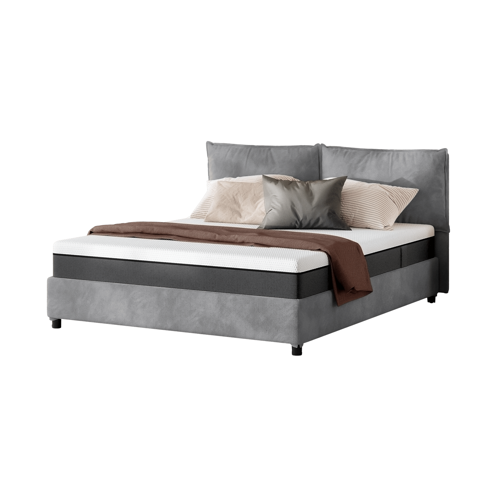 Letto moderno con testiera e base grigie, lenzuola bianche, due cuscini grandi e coperta marrone ai piedi.