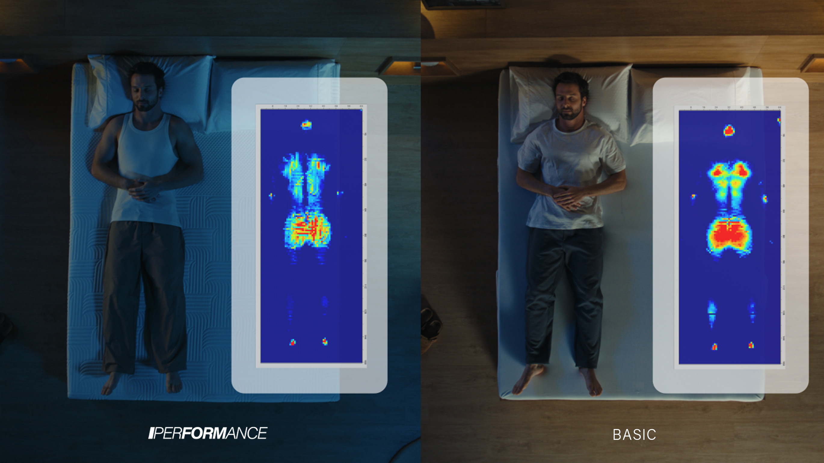 Top down comparison of a man lying on two different mattresses with translucent overlays indicating pressure relief zones.