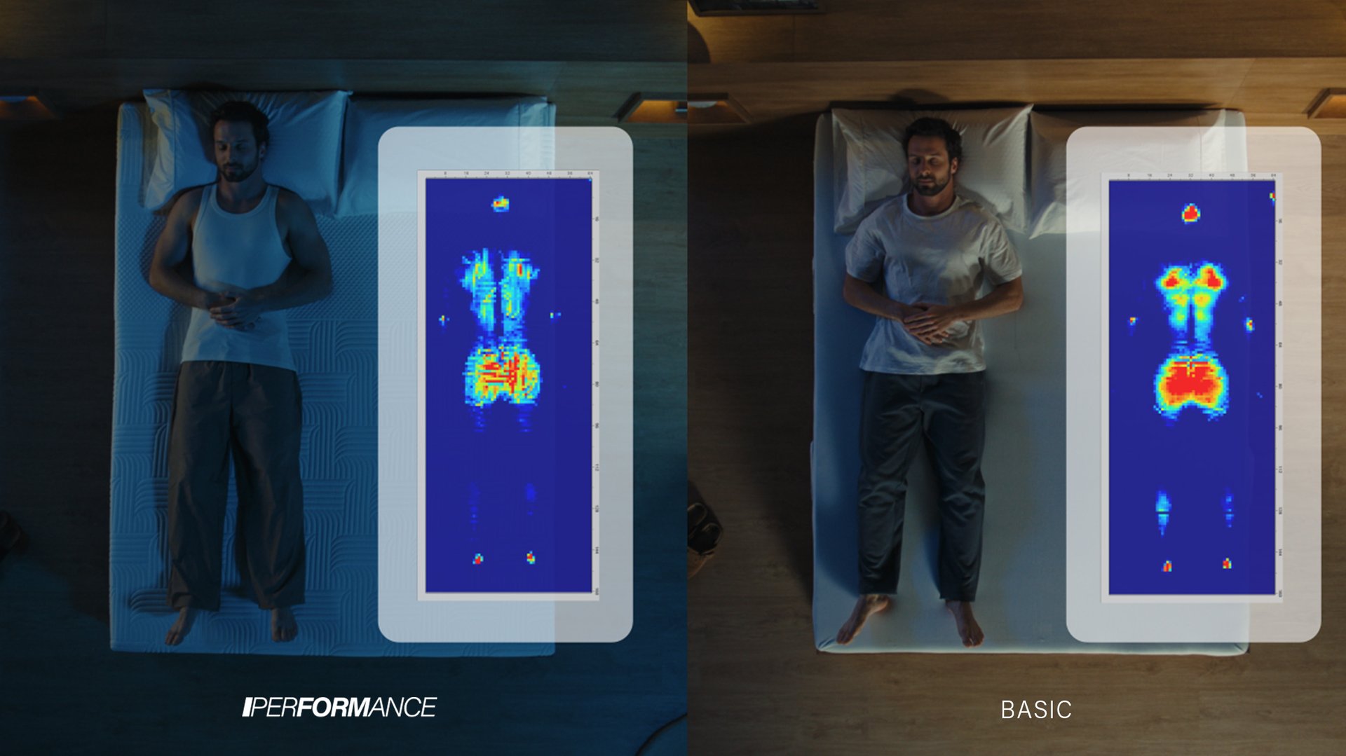 Top down comparison of a man lying on two different mattresses with translucent overlays indicating pressure relief zones.