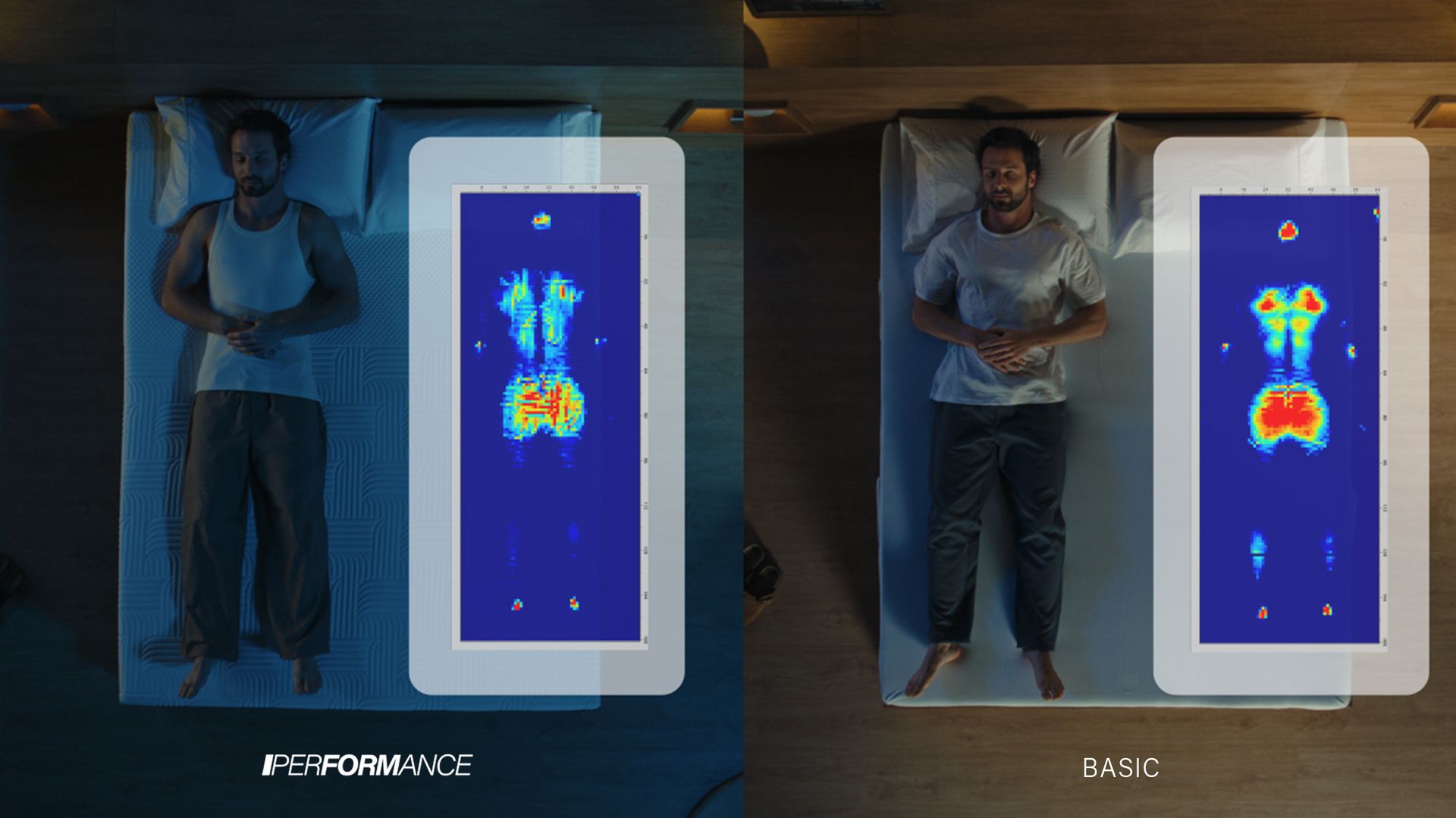 Top down comparison of a man lying on two different mattresses with translucent overlays indicating pressure relief zones.