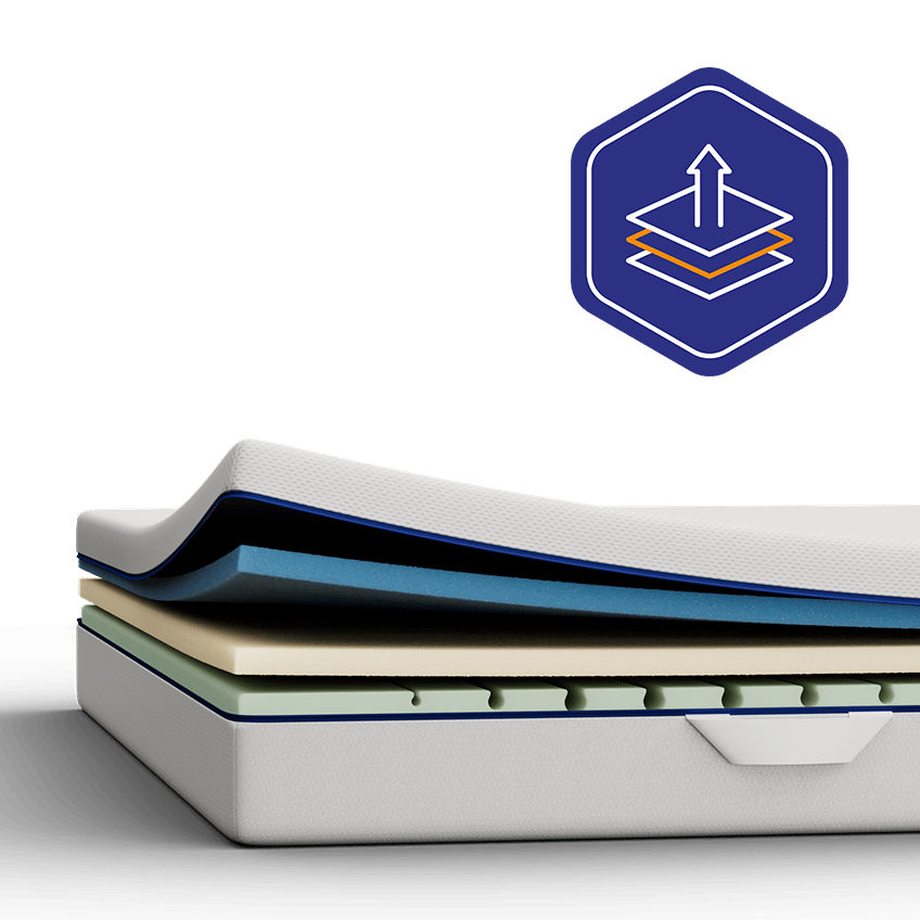 Aufgeschnittene Emma One Matratze mit sichtbaren Schichten und Temperaturregulierung.