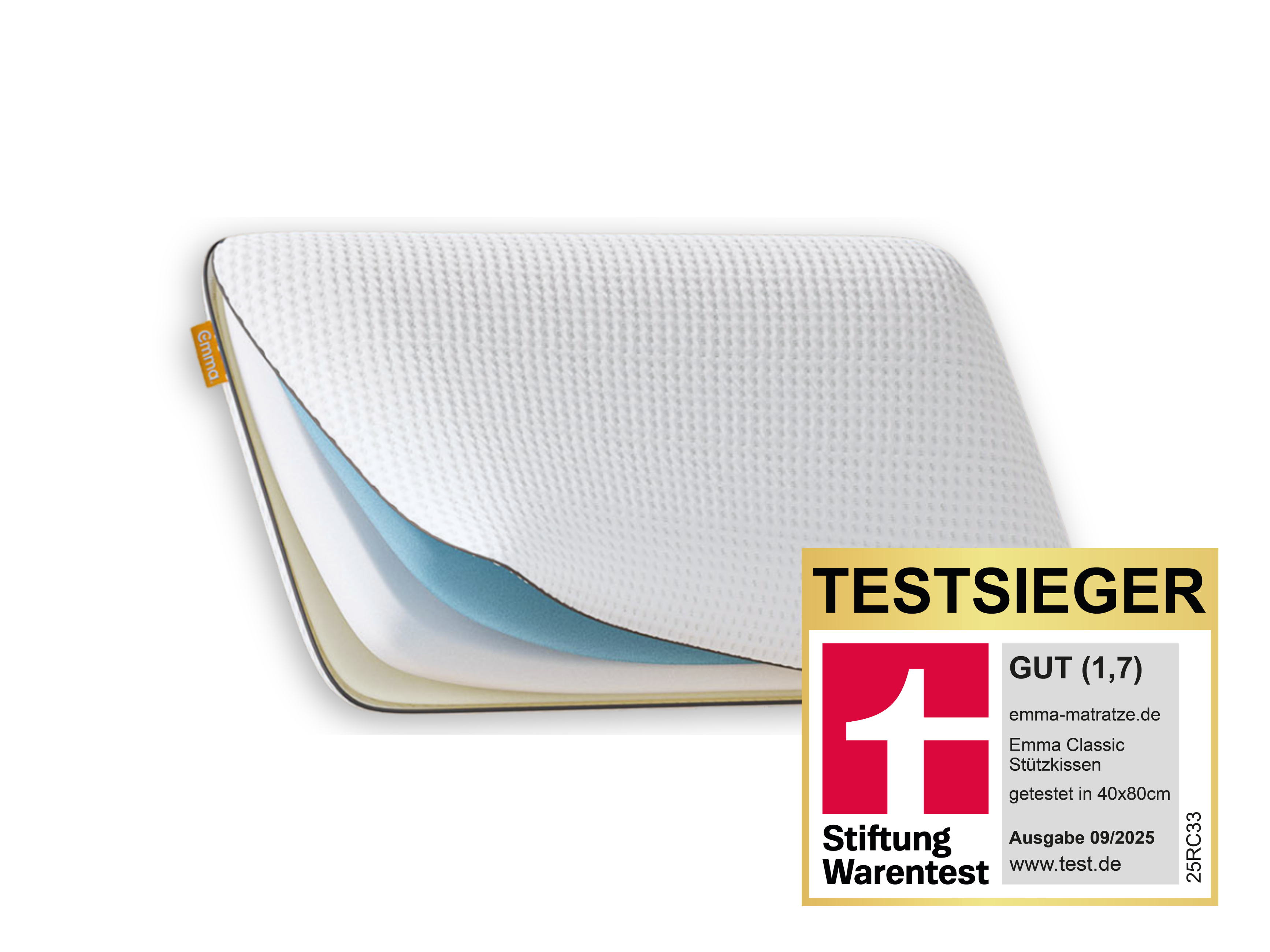 Emma Classic Stützkissen mit sichtbaren Schichten.