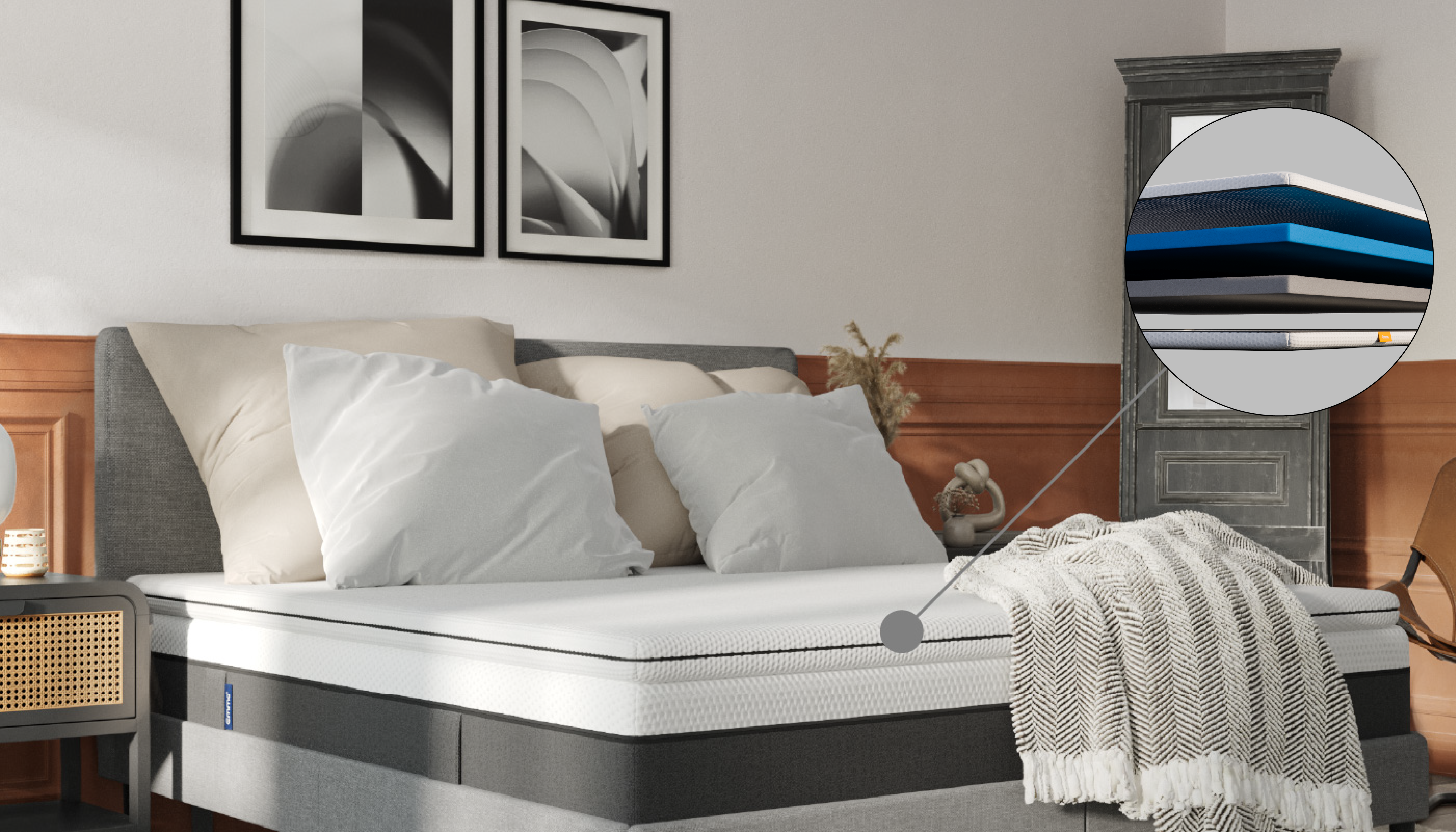 Bett mit Classic Topper und Detailansicht der Schichten