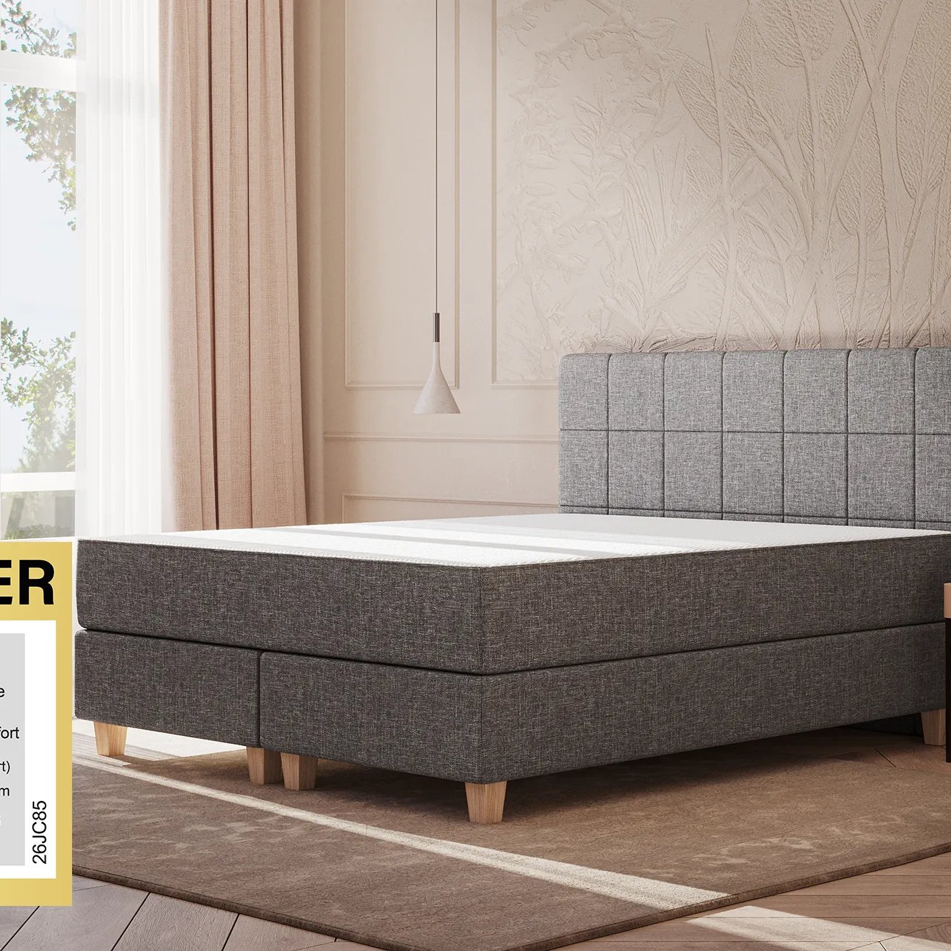 Emma Original Boxspringbett Komfort 140x200cm - dunkelgrau - Füße Holz - Kopfteil gesteppt