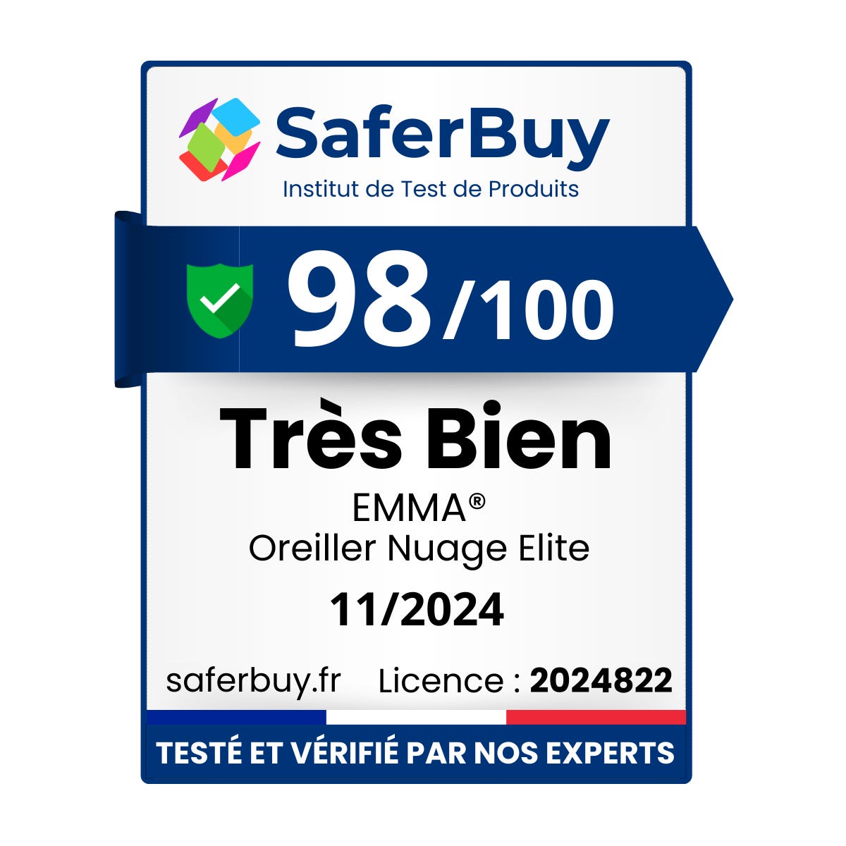 Certificat SaferBuy pour l’oreiller EMMA Nuage Elite, noté 98/100 avec la mention "Très Bien". Certification valide jusqu’en novembre 2024, licence n°2024822. Produit testé et vérifié par les experts SaferBuy.