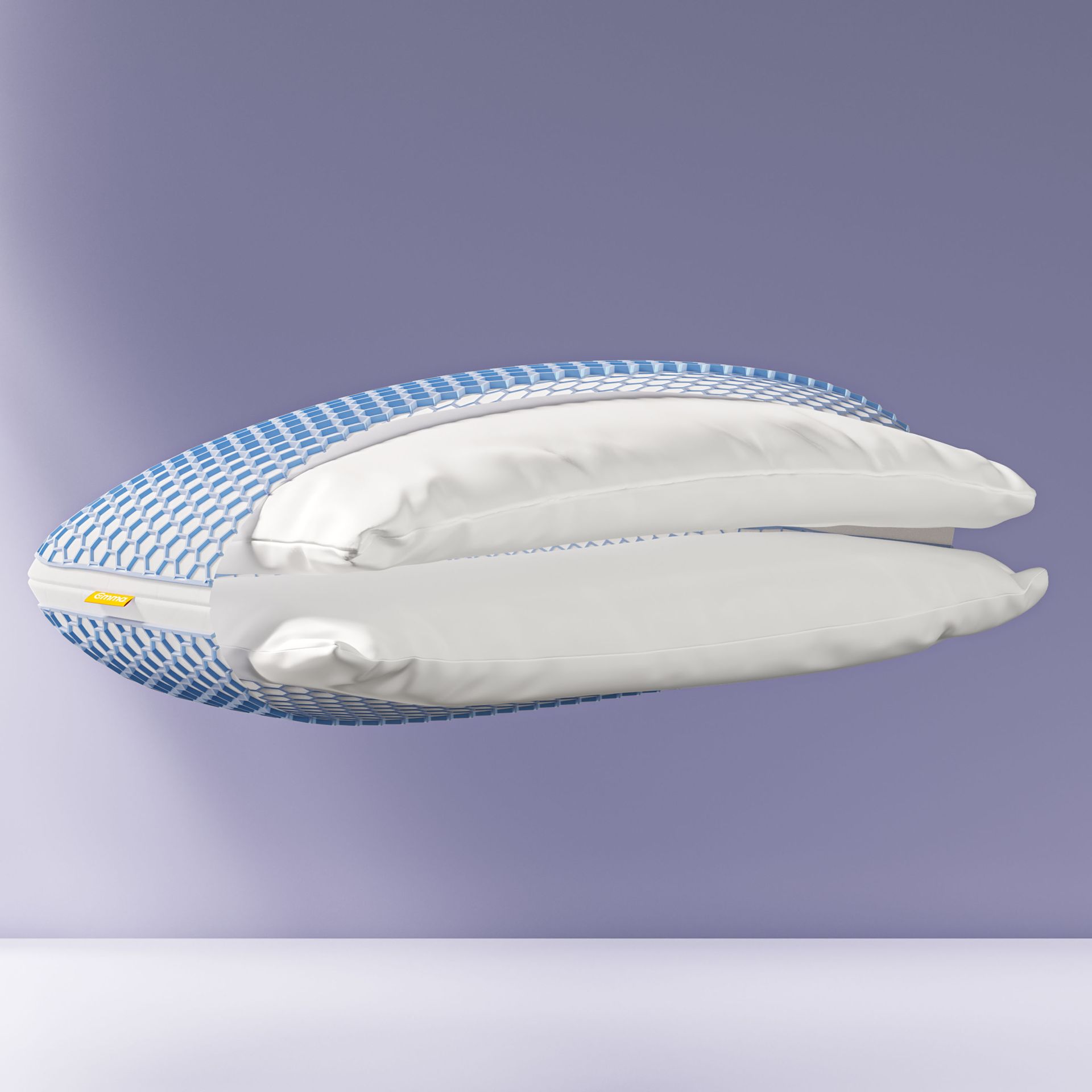 Almofada Emma Microfibra Zero Gravity com corte lateral mostrando camadas internas