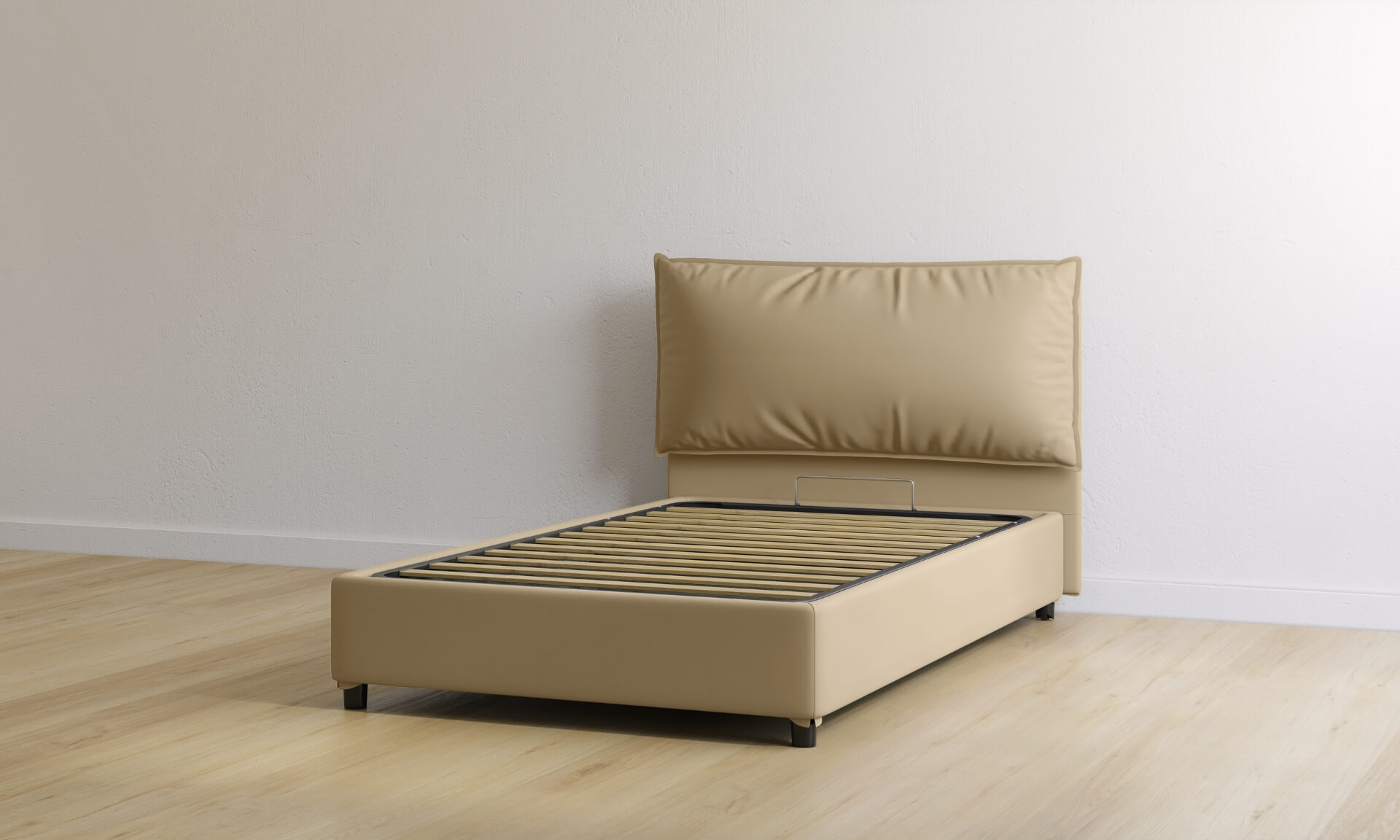 letto contenitore piazza e mezza in pelle color sabbia