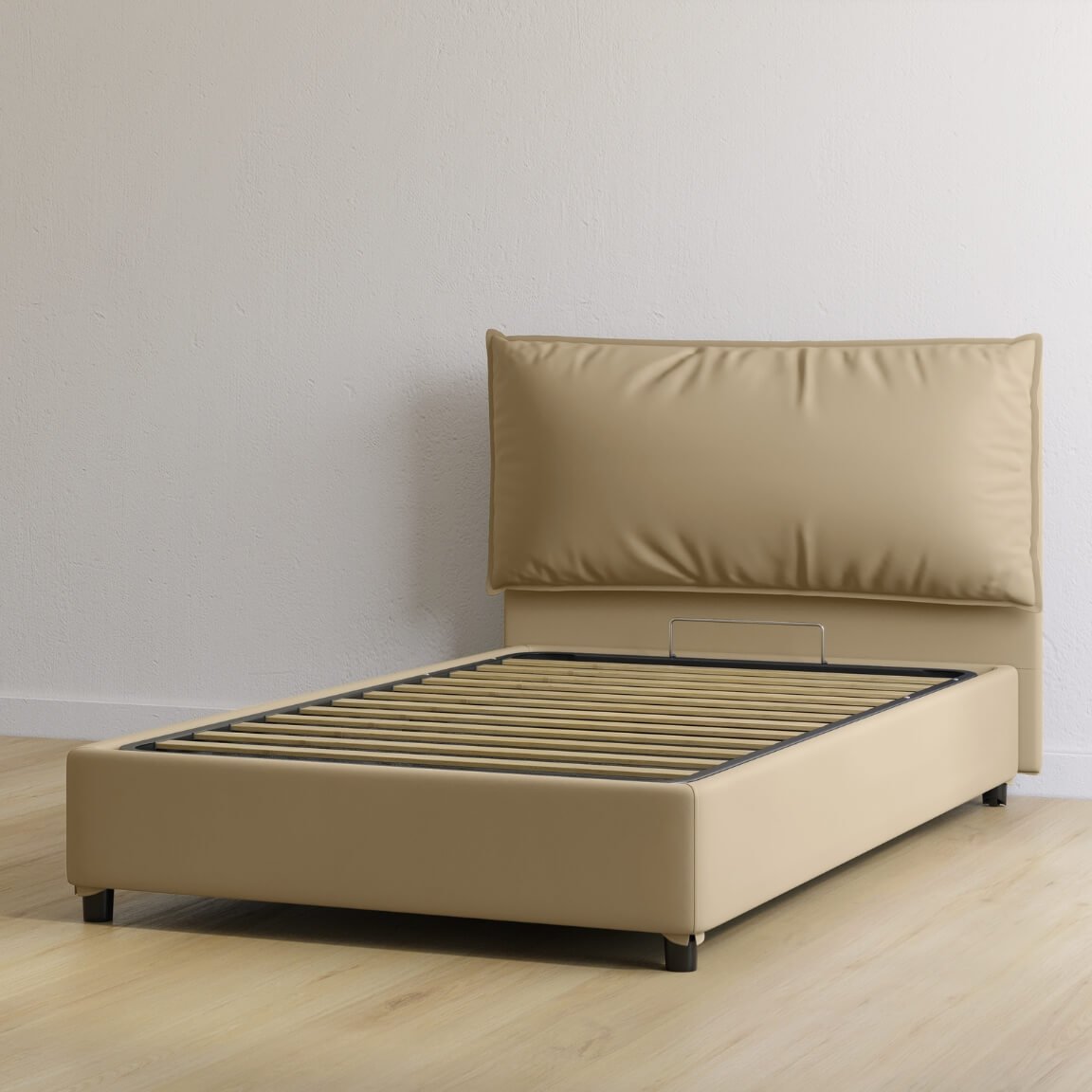 letto contenitore piazza e mezza in pelle color sabbia