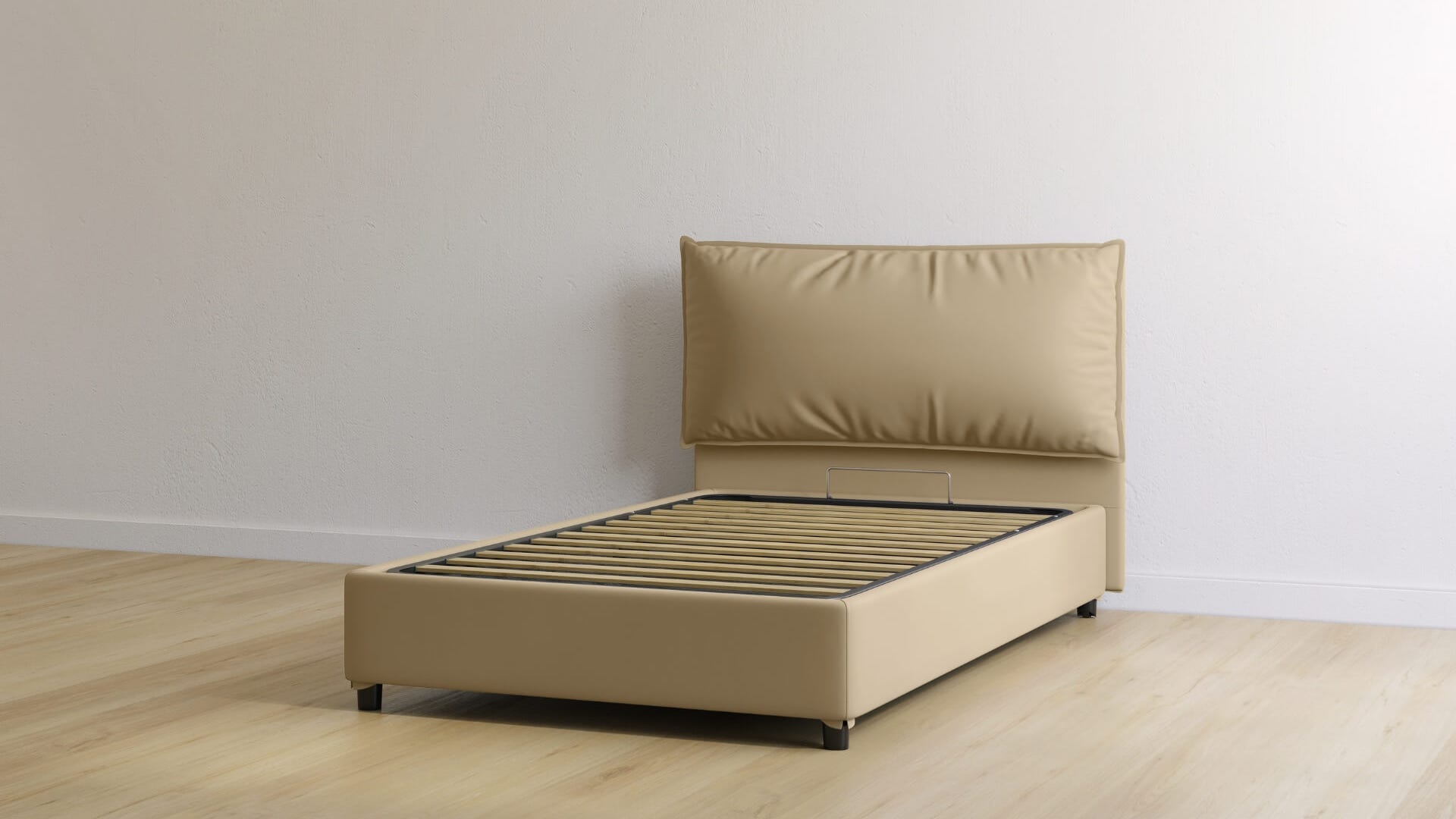 letto contenitore piazza e mezza in pelle color sabbia