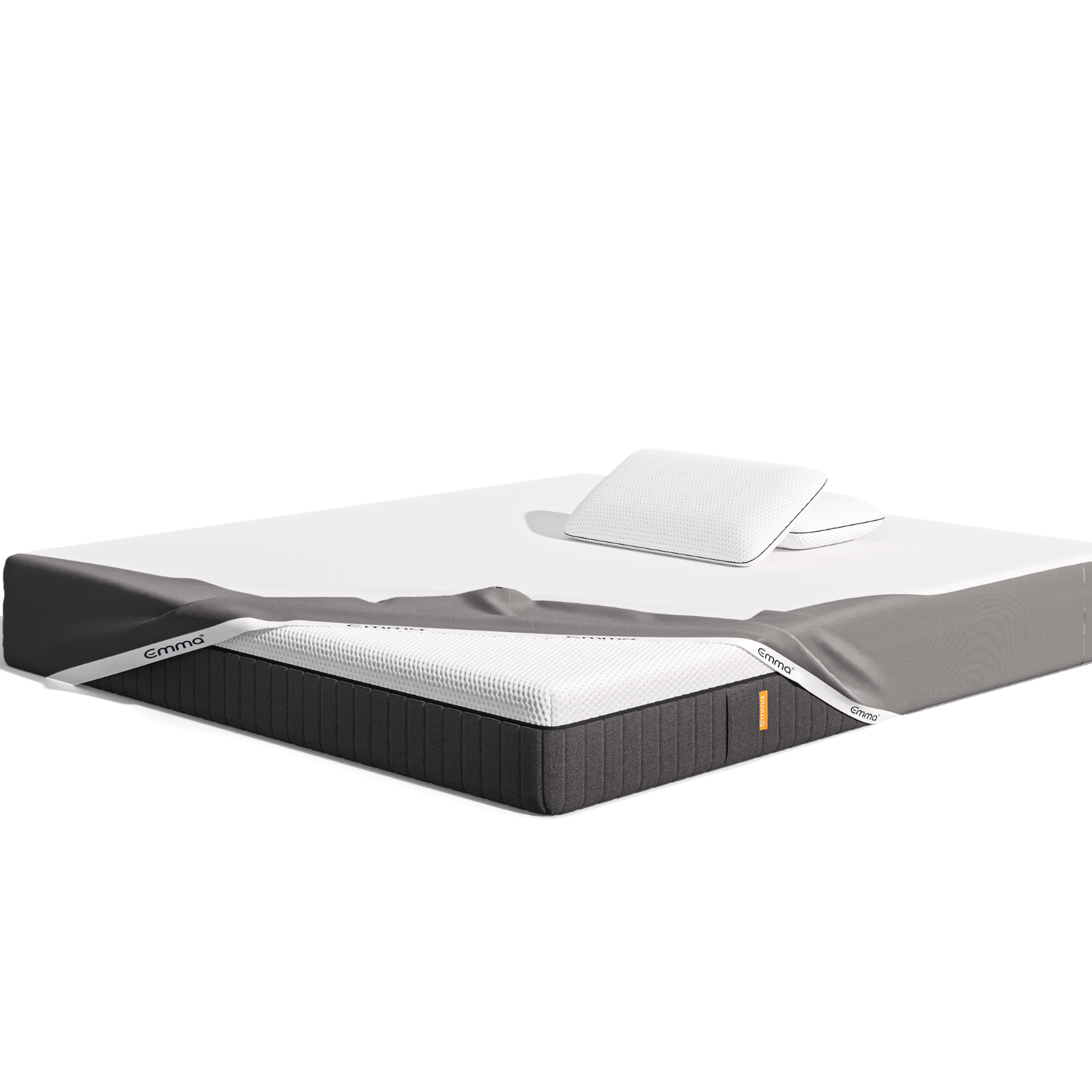 Uma imagem do Pack Original Pro, que inclui um colchão Emma Hybrid Premium, almofadas Emma Premium, e uma capa protetora