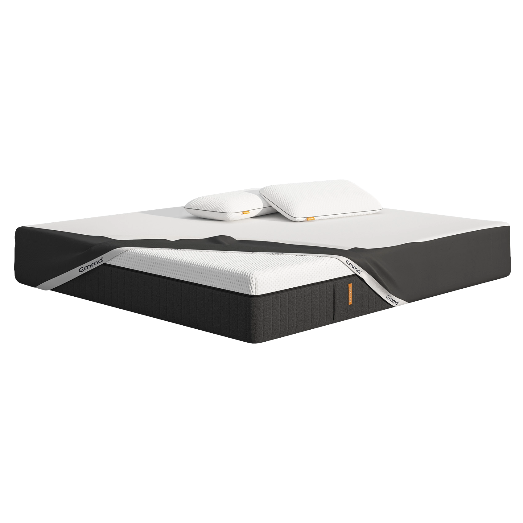  Uma imagem do Pack Original Pro, que inclui um colchão Emma Hybrid Premium, almofadas Emma Premium, e uma capa protetora