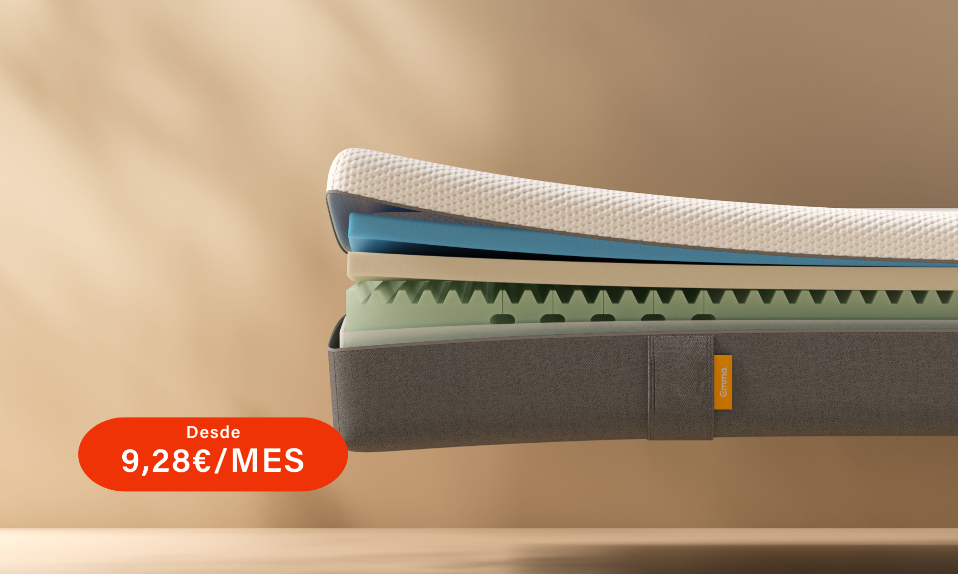 Colchón emma original de 3 capas de espuma sobre fondo amarillo