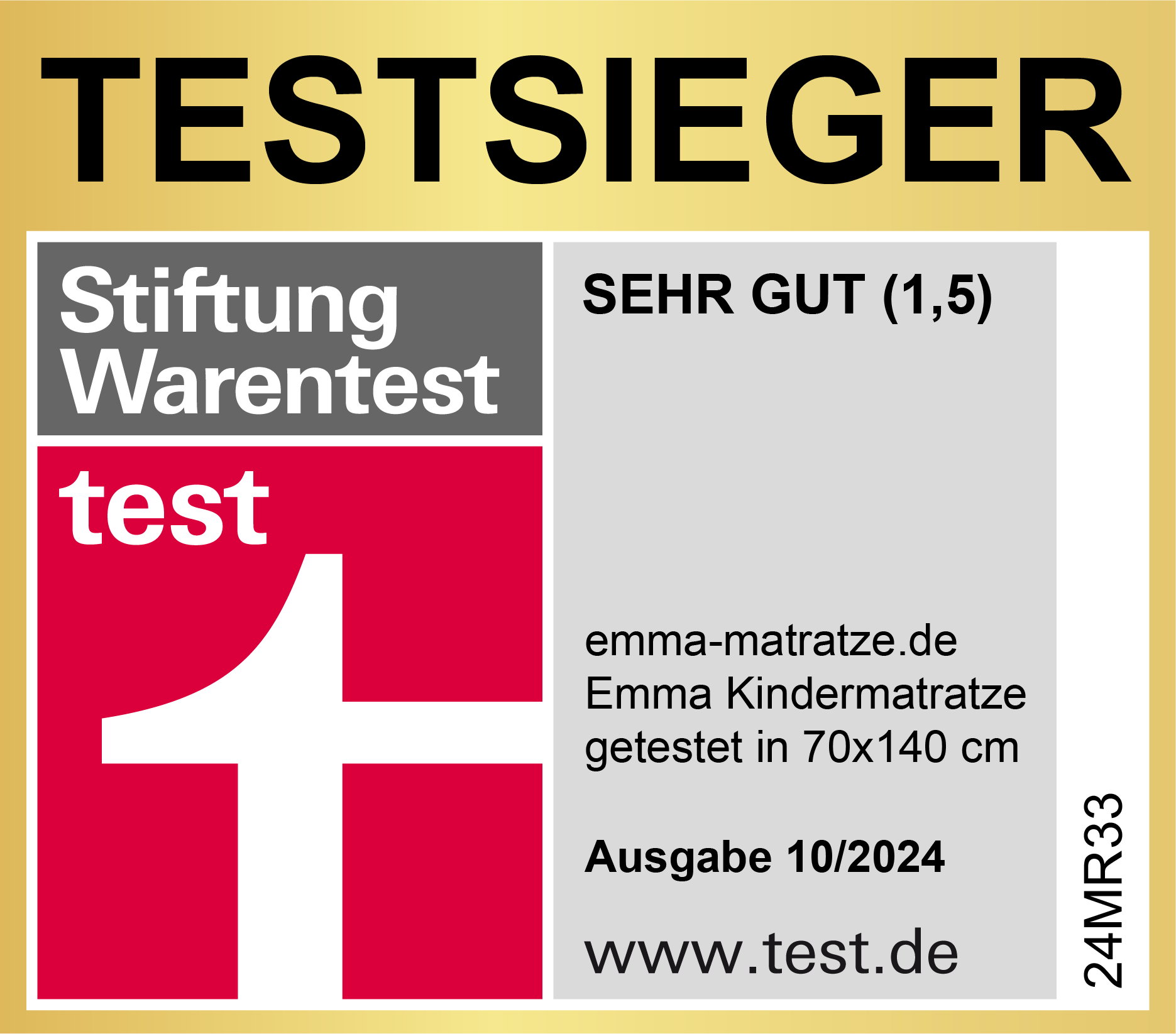Testsieger-Siegel von Stiftung Warentest für Emma Kindermatratze, Note 1,5, Größe 70x140 cm, Ausgabe 10/2024.