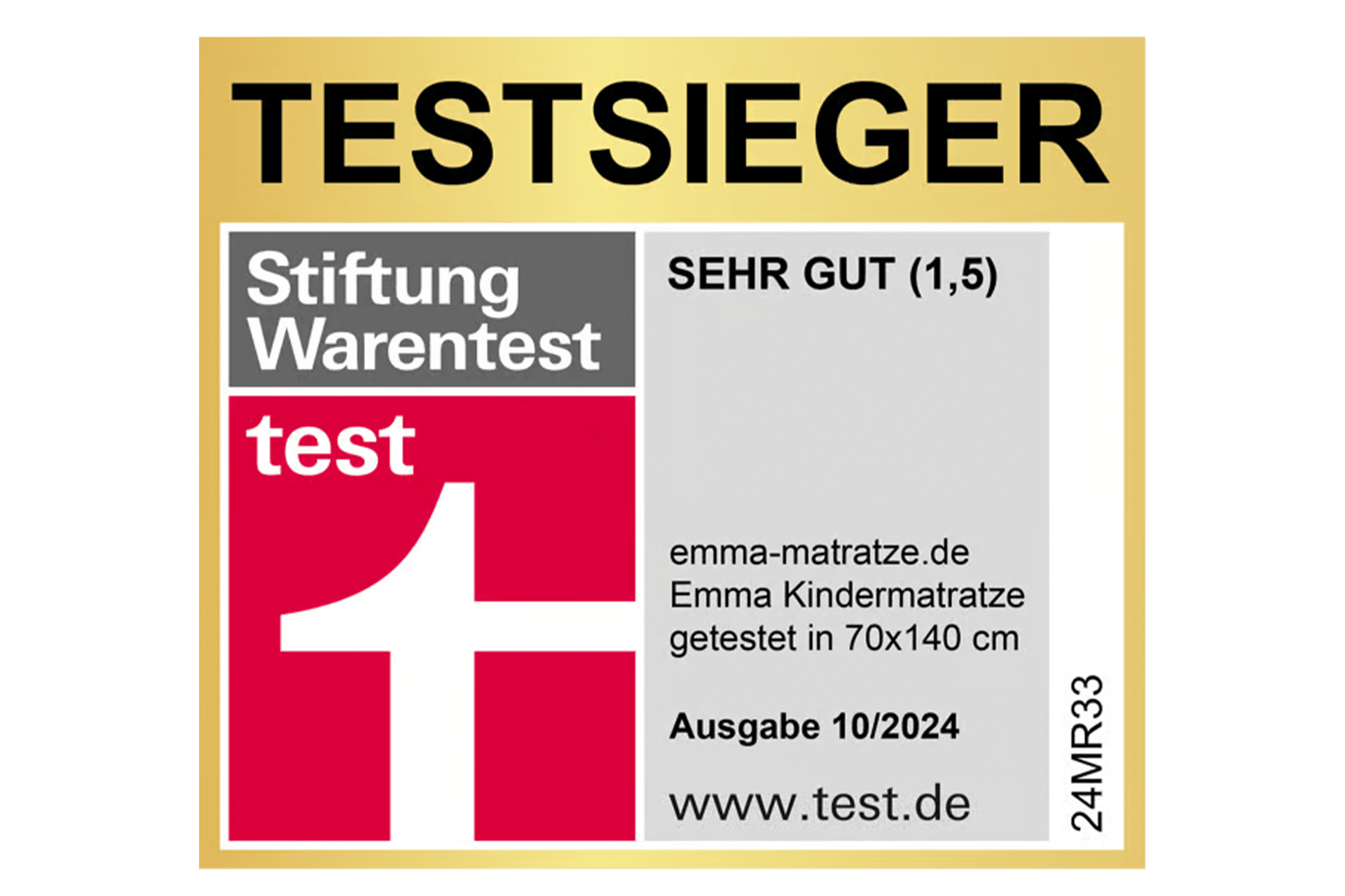 Testsieger-Siegel von Stiftung Warentest für Emma Kindermatratze, Note 1,5, Größe 70x140 cm, Ausgabe 10/2024.