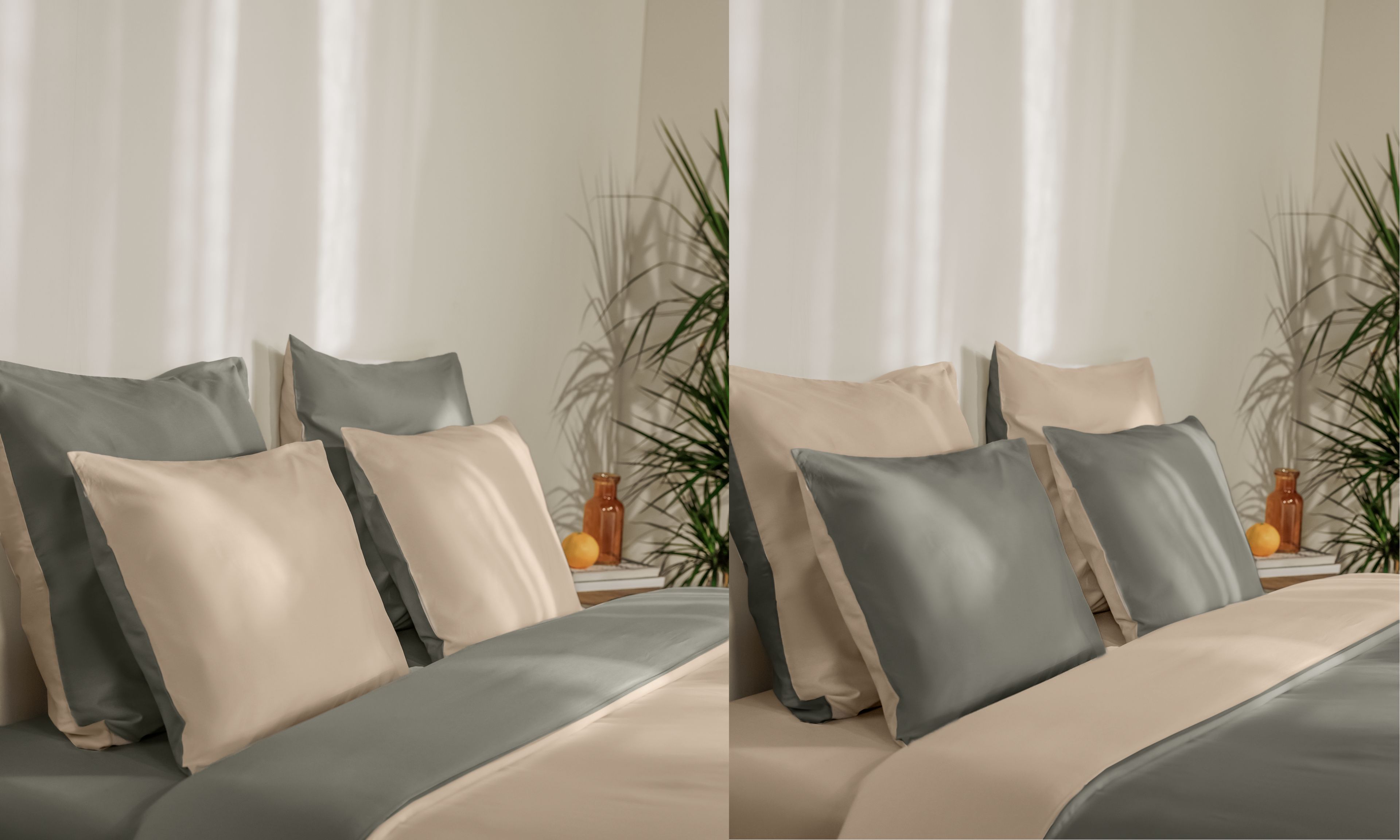 Confronto tra due letti con biancheria beige e verde double face, piante verdi e oggetti decorativi sullo sfondo.