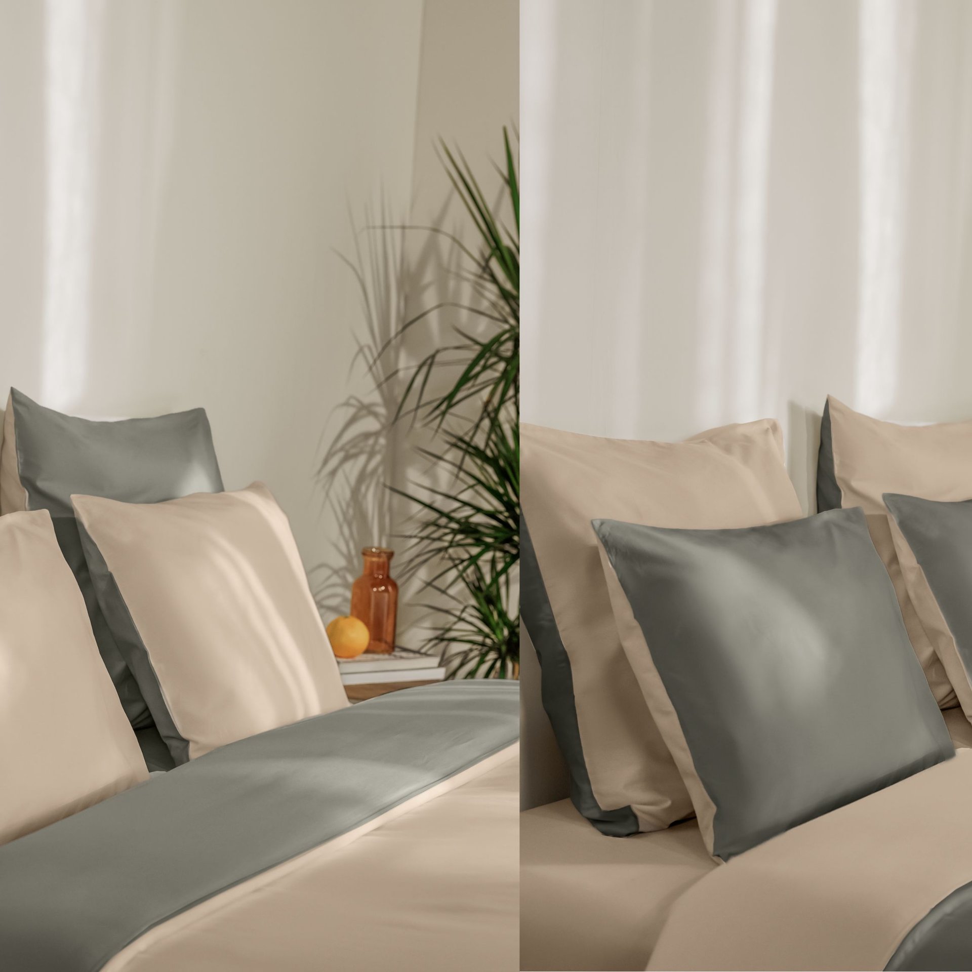 Confronto tra due letti con biancheria beige e verde double face, piante verdi e oggetti decorativi sullo sfondo.