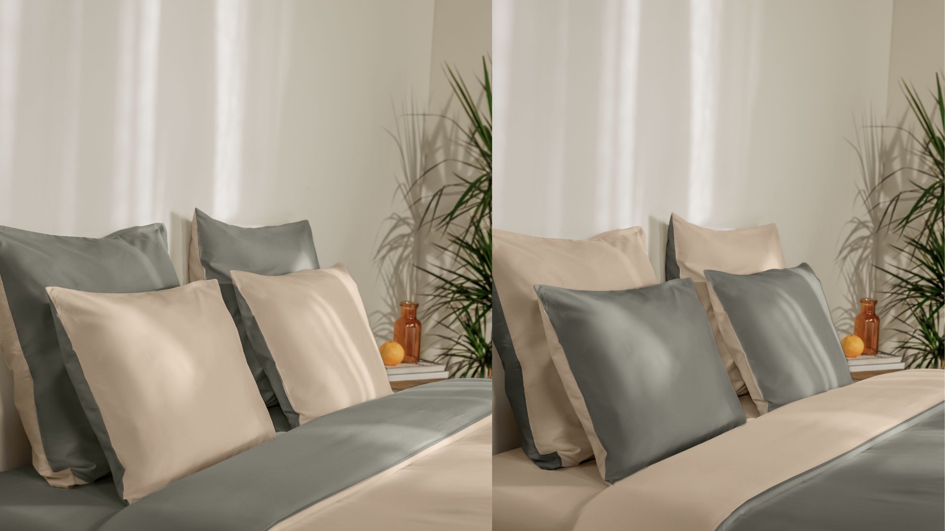 Confronto tra due letti con biancheria beige e verde double face, piante verdi e oggetti decorativi sullo sfondo.