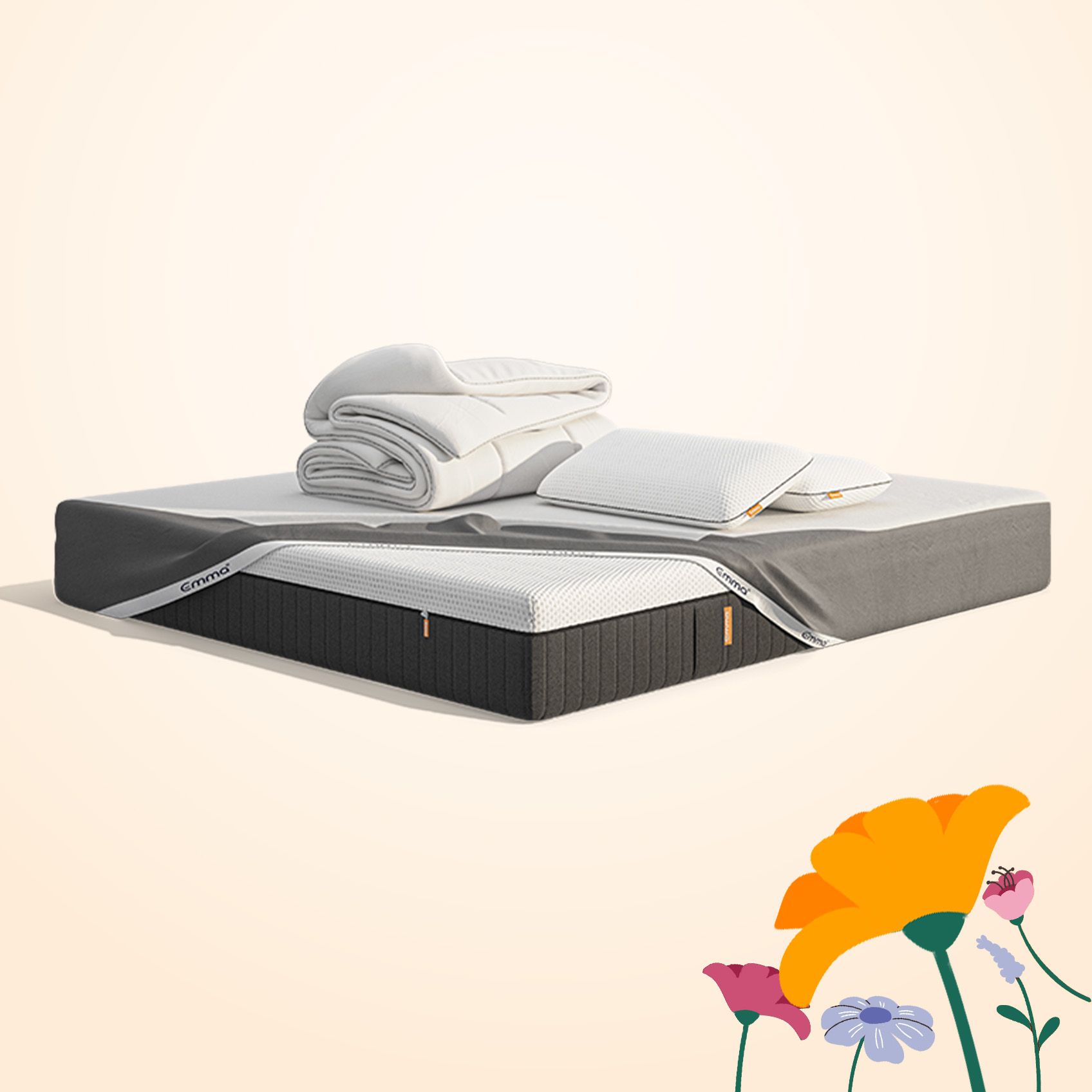 Uma imagem do Pack Original Pro e Edredon, que inclui um colchão Emma Hybrid Premium, almofadas Emma Premium, um edredon 4 Estações, e uma capa protetora