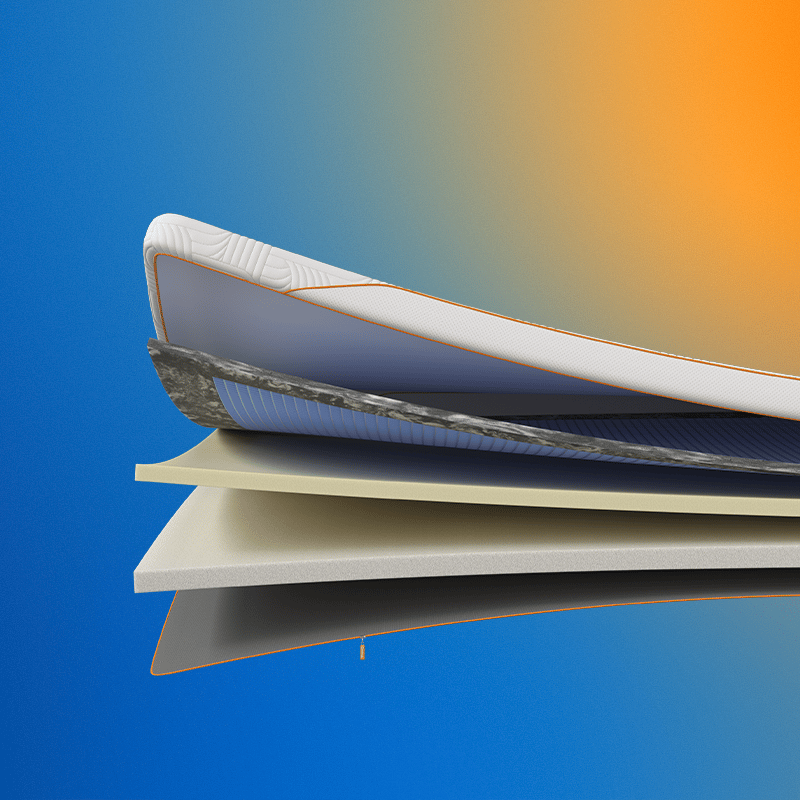 Emma Performance Topper CGI cross-section showing quilted cover with orange trim, AirGrid layer, and foam layers.