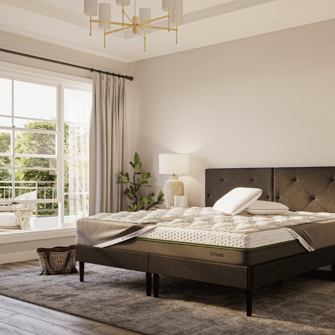 Bed with black Headboard placed in a sunny room