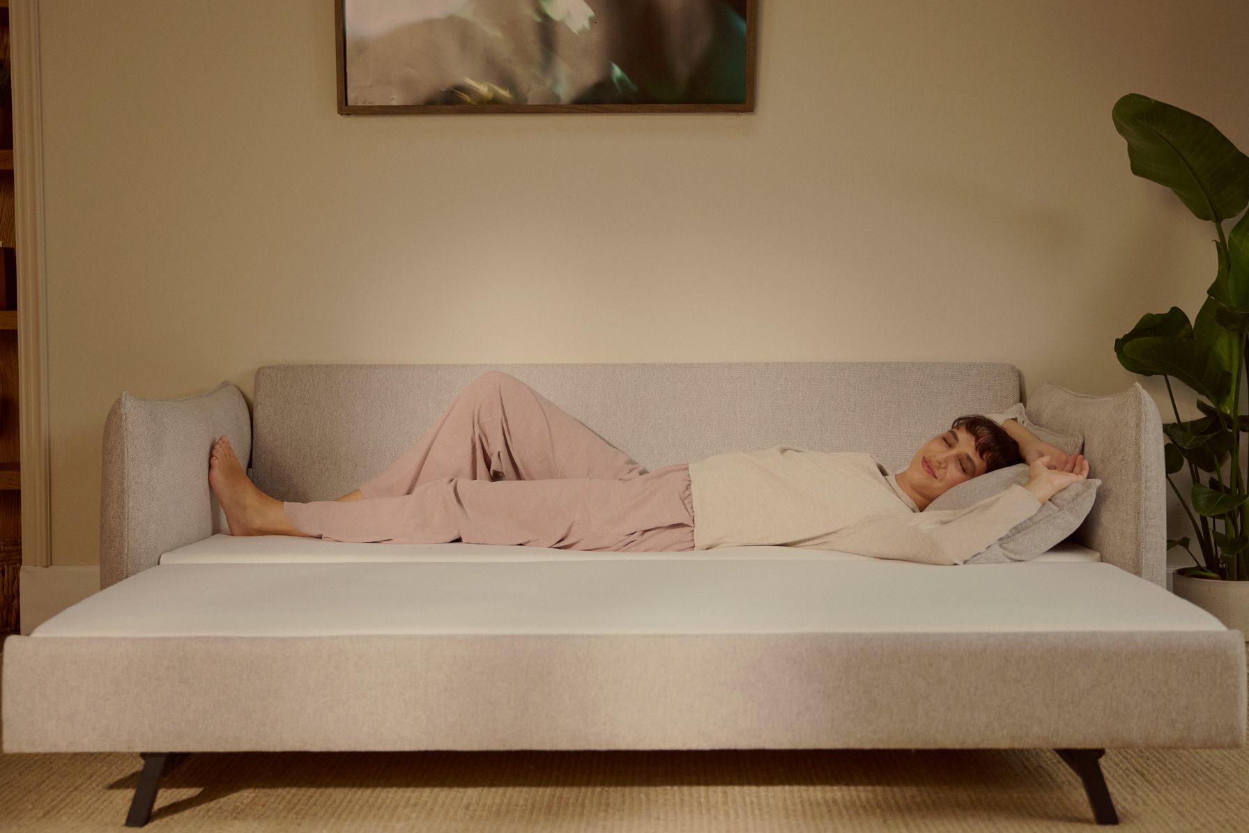 Canapé convertible gris avec deux coussins assortis, placé au centre d’un tapis clair dans un salon moderne. Devant, table basse en bois. À gauche, fauteuil marron à structure noire et grande plante verte en pot. Mur blanc avec deux affiches encadrées au-dessus du canapé. À droite, meuble bibliothèque intégré en bois avec livres, objets déco et plantes. Sol en bois chaud, lumière naturelle entrant par de grandes fenêtres avec rideaux blancs.