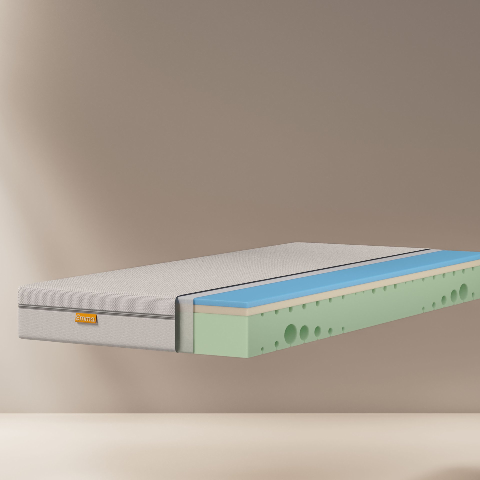 Render di materasso in memory foam con strati esposti
