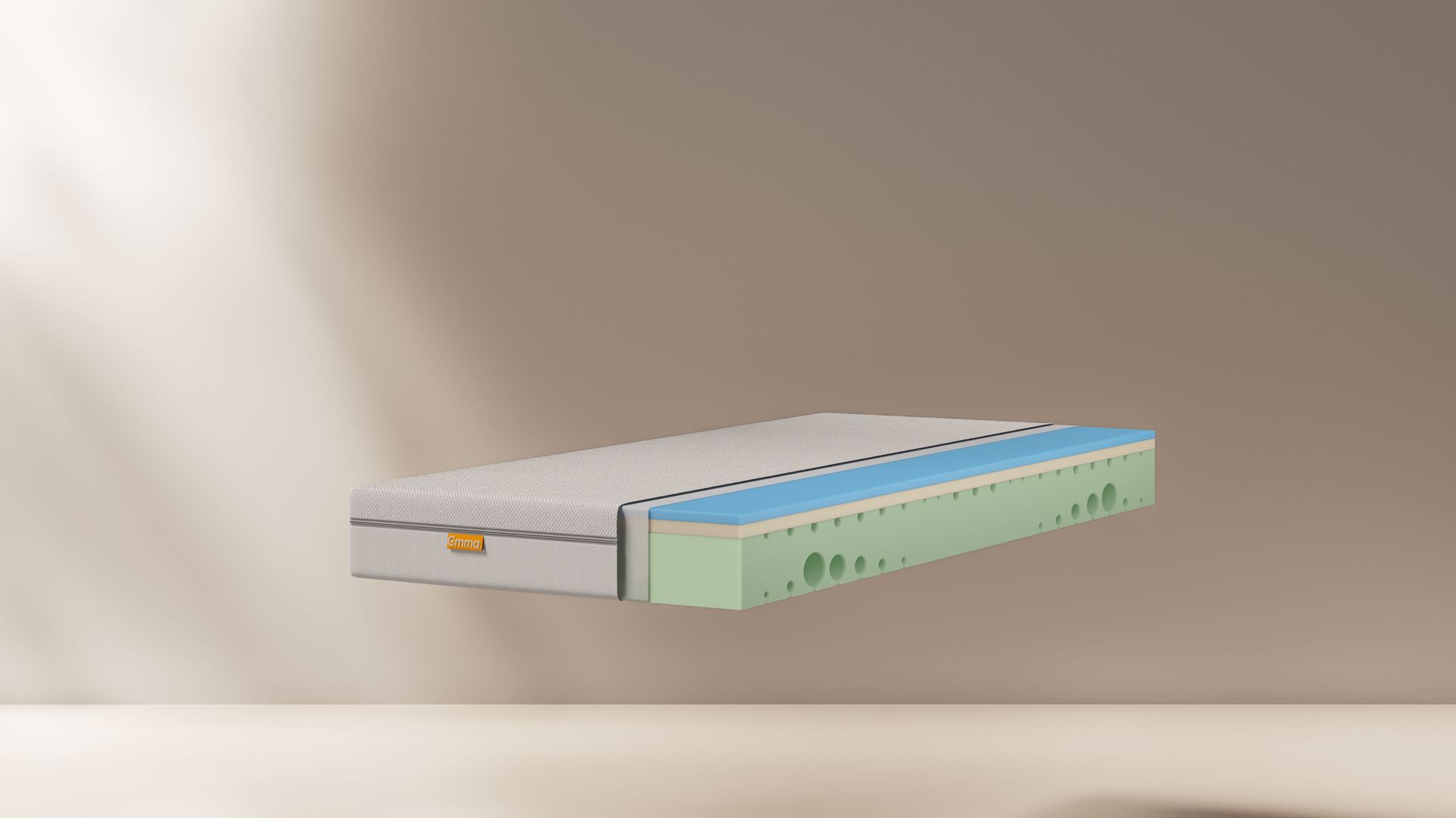 Render di materasso in memory foam con strati esposti