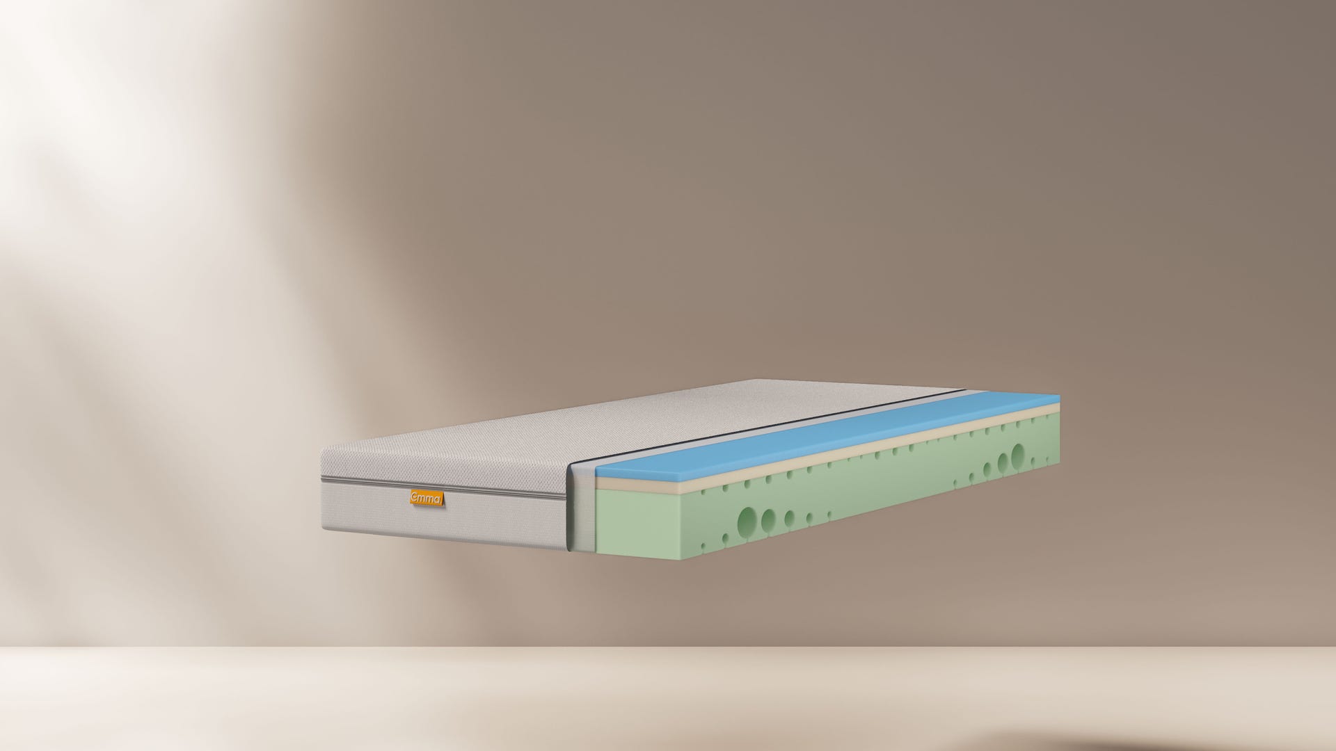 Render di materasso in memory foam con strati esposti