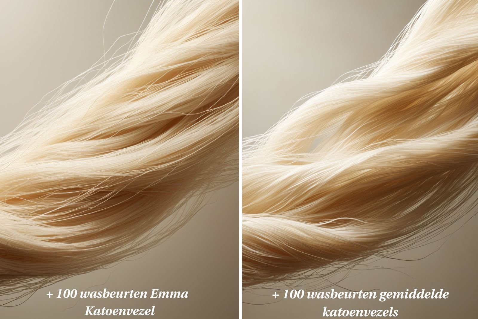 Vergelijking van katoenvezels na 100 wasbeurten: links gladde Emma katoenvezel, rechts gemiddelde vezel met zichtbare slijtage—focus op duurzaamheid en kwaliteit van Emma Matras Hoeslaken Katoen.