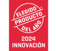 Sello producto del año 2024 innovacion rojo con letras blancas