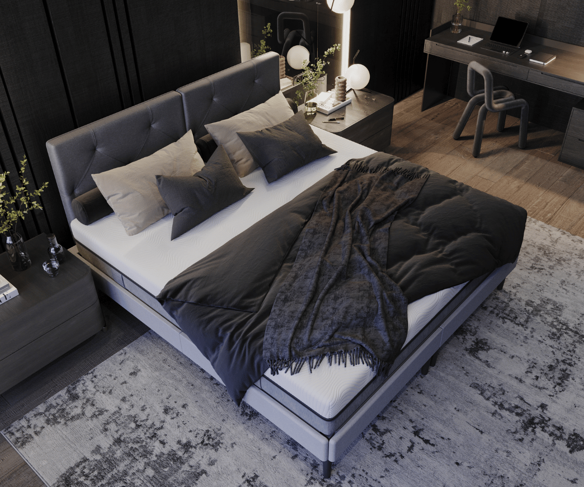 Bedroom with Emma bed, mattress and accessories.