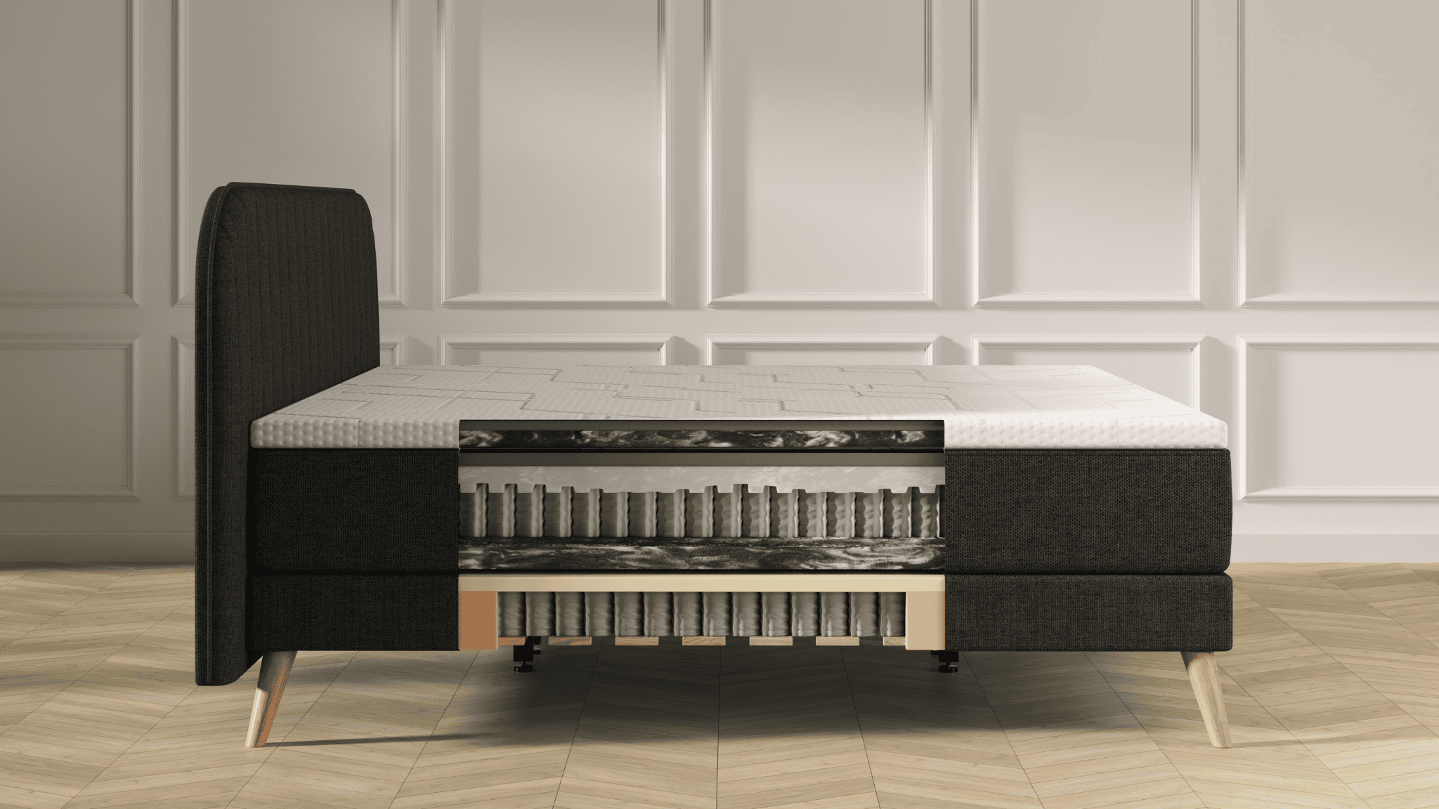 Doorsnede van Emma Signature Boxspring met zichtbare lagen van matras en boxspring, waaronder schuimlagen, pocketveren en een gestoffeerde bedombouw op houten poten.