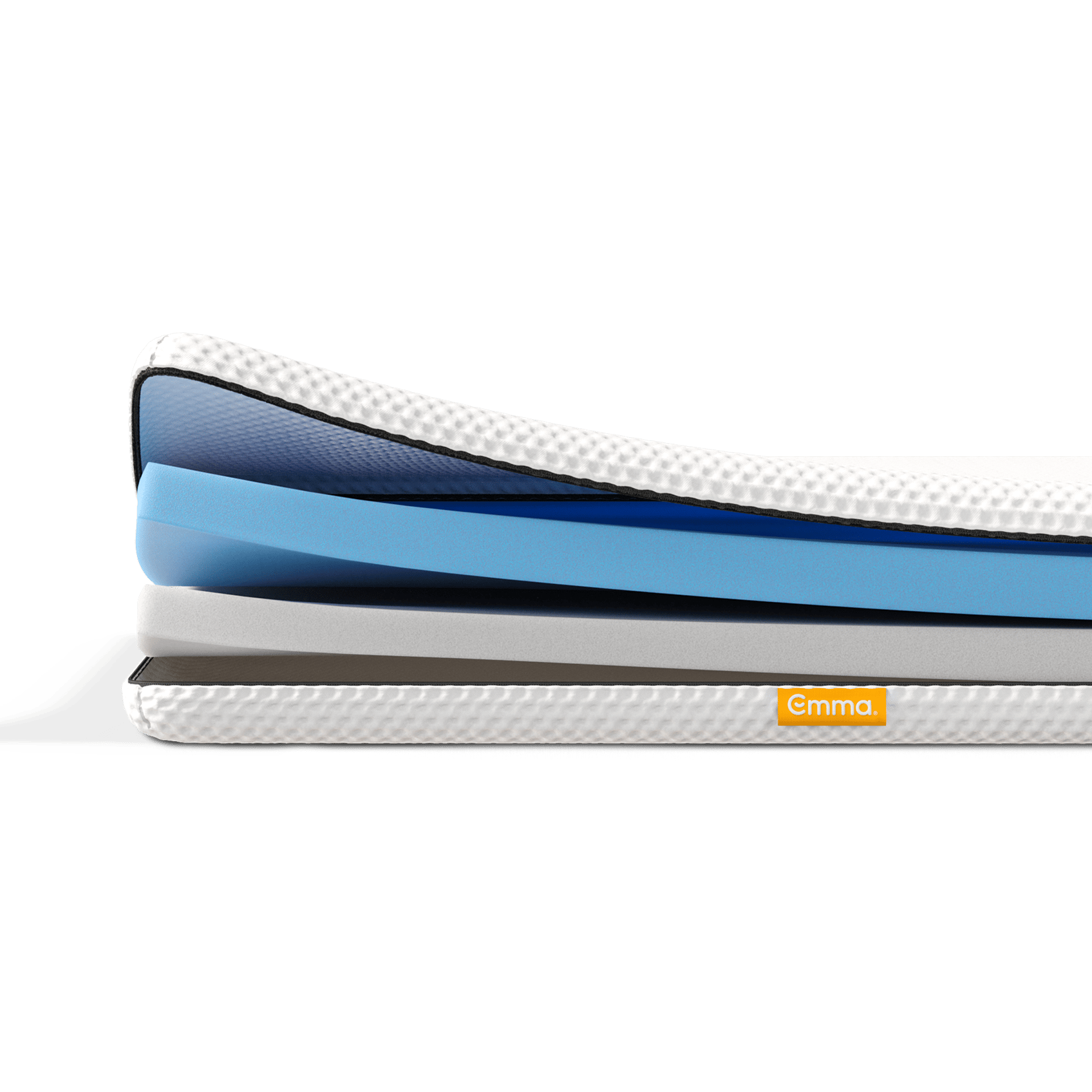 Cross-section van de Emma Flip Topper met meerdere schuimlagen in verschillende kleuren, ontworpen voor optimale ondersteuning, drukverlichting en temperatuurregulatie.