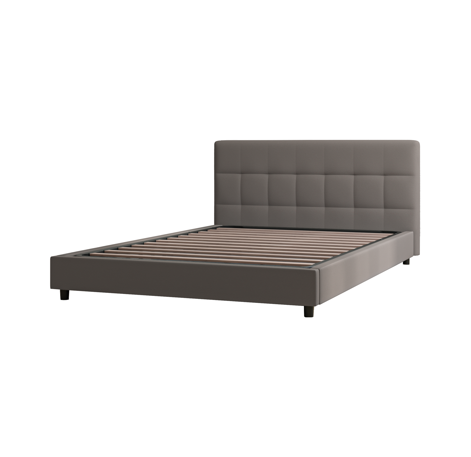 Struttura letto grigia con testiera rettangolare a griglia e gambe corte.