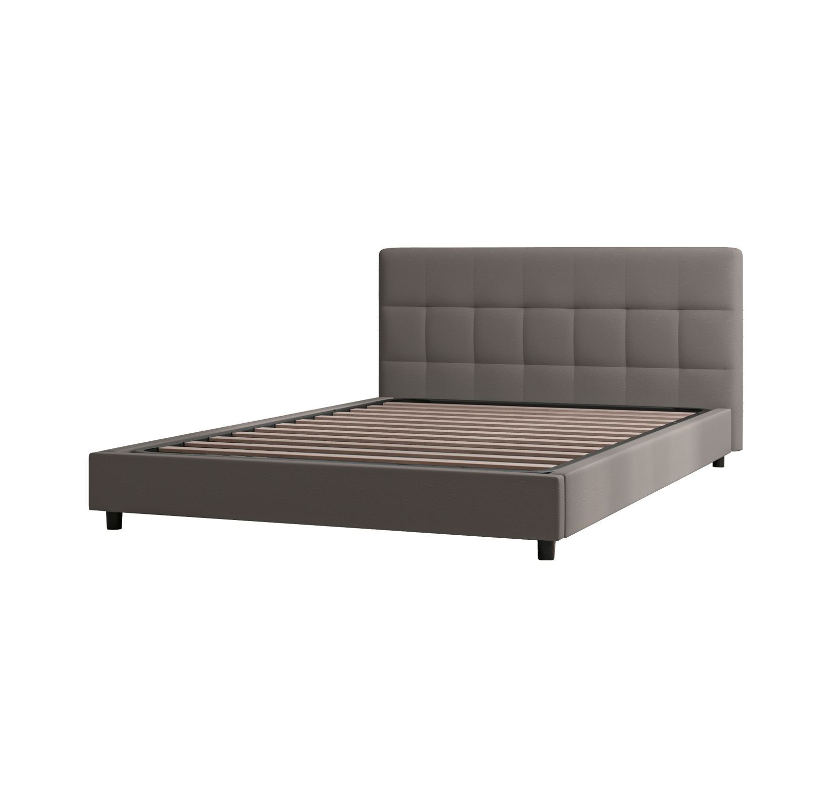 Struttura letto grigia con testiera rettangolare a griglia e gambe corte.