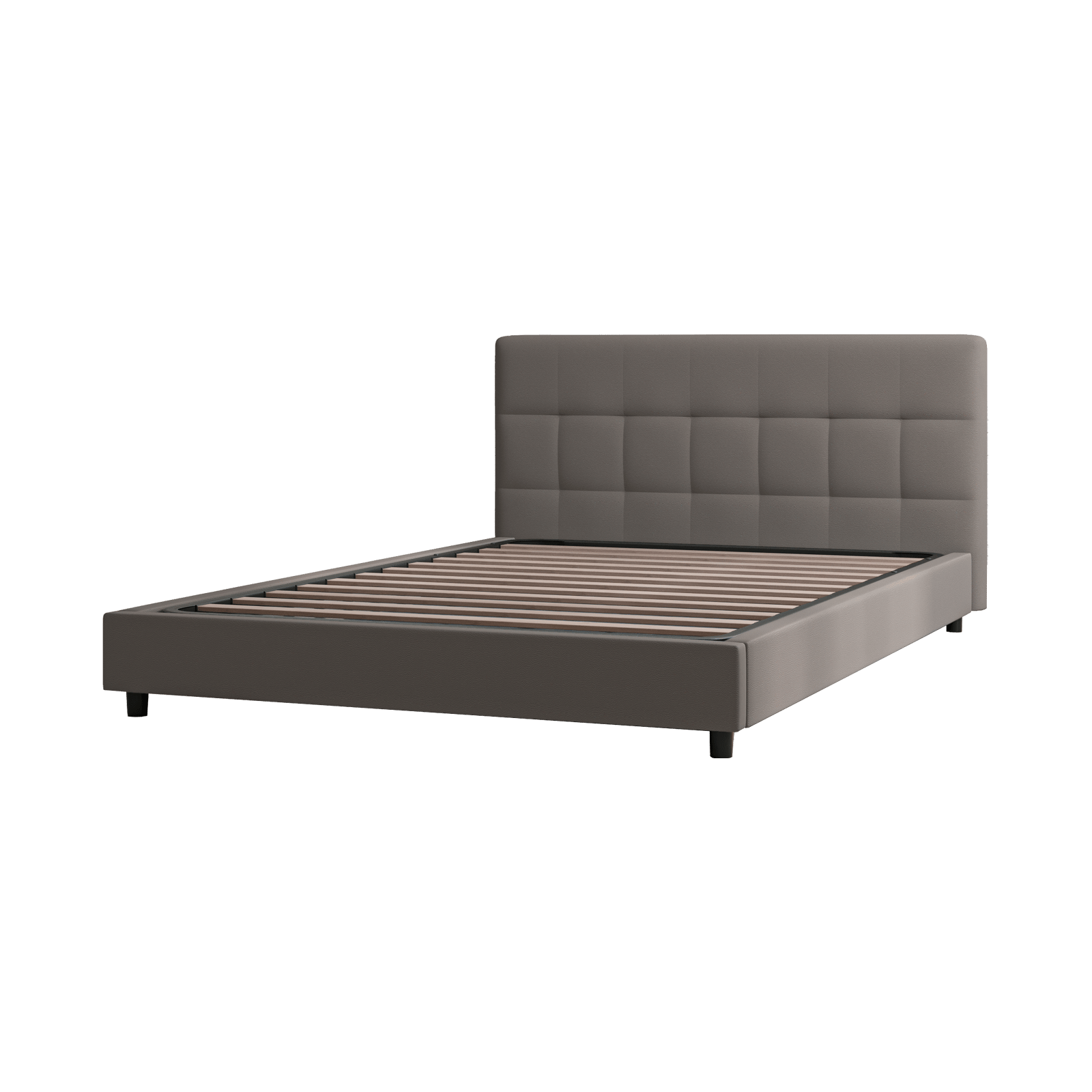 Struttura letto grigia con testiera rettangolare a griglia e gambe corte.