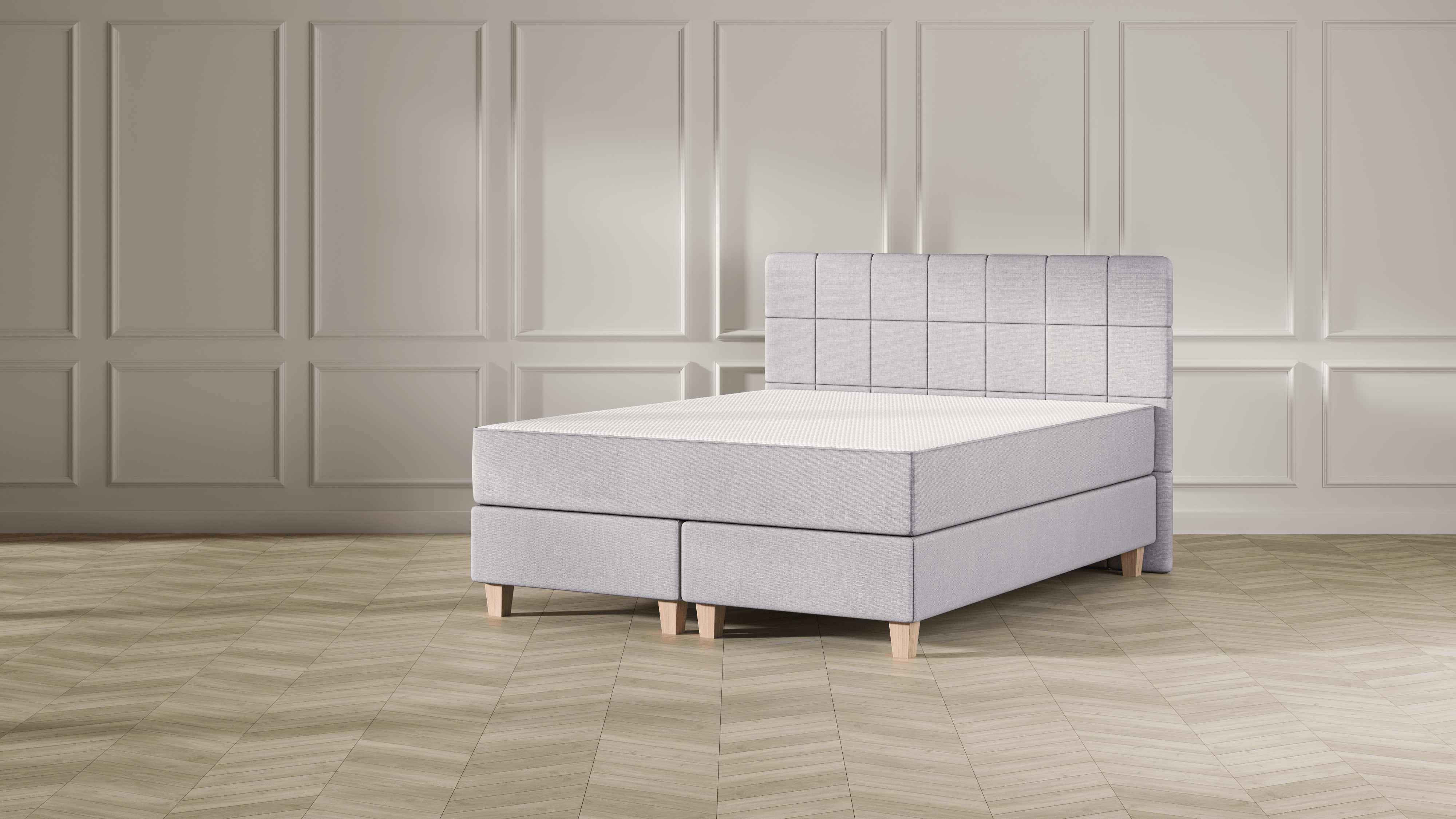  Emma BSB Original - 160x200 - Gris clair - Tête de lit capitonnée - Pieds en bois - Avec housse de matelas 