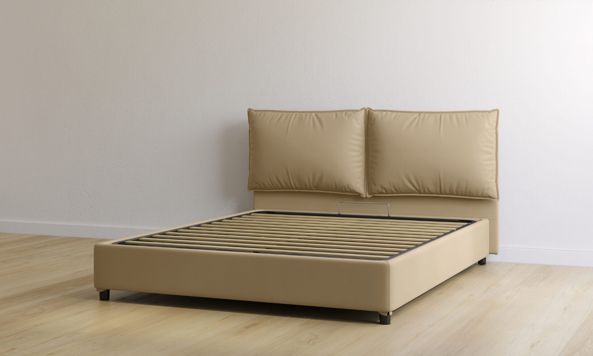 letto contenitore matrimoniale in pelle color sabbia