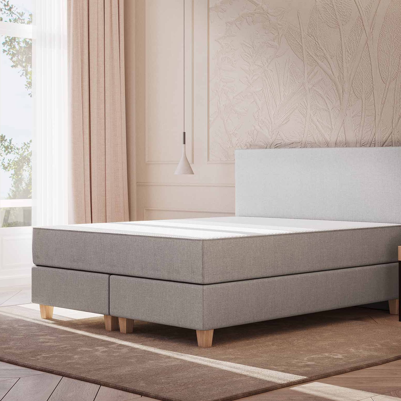 Emma Original Boxspringbett 140x200 cm - hellgrau - Füße Holz - Kopfteil klassisch
